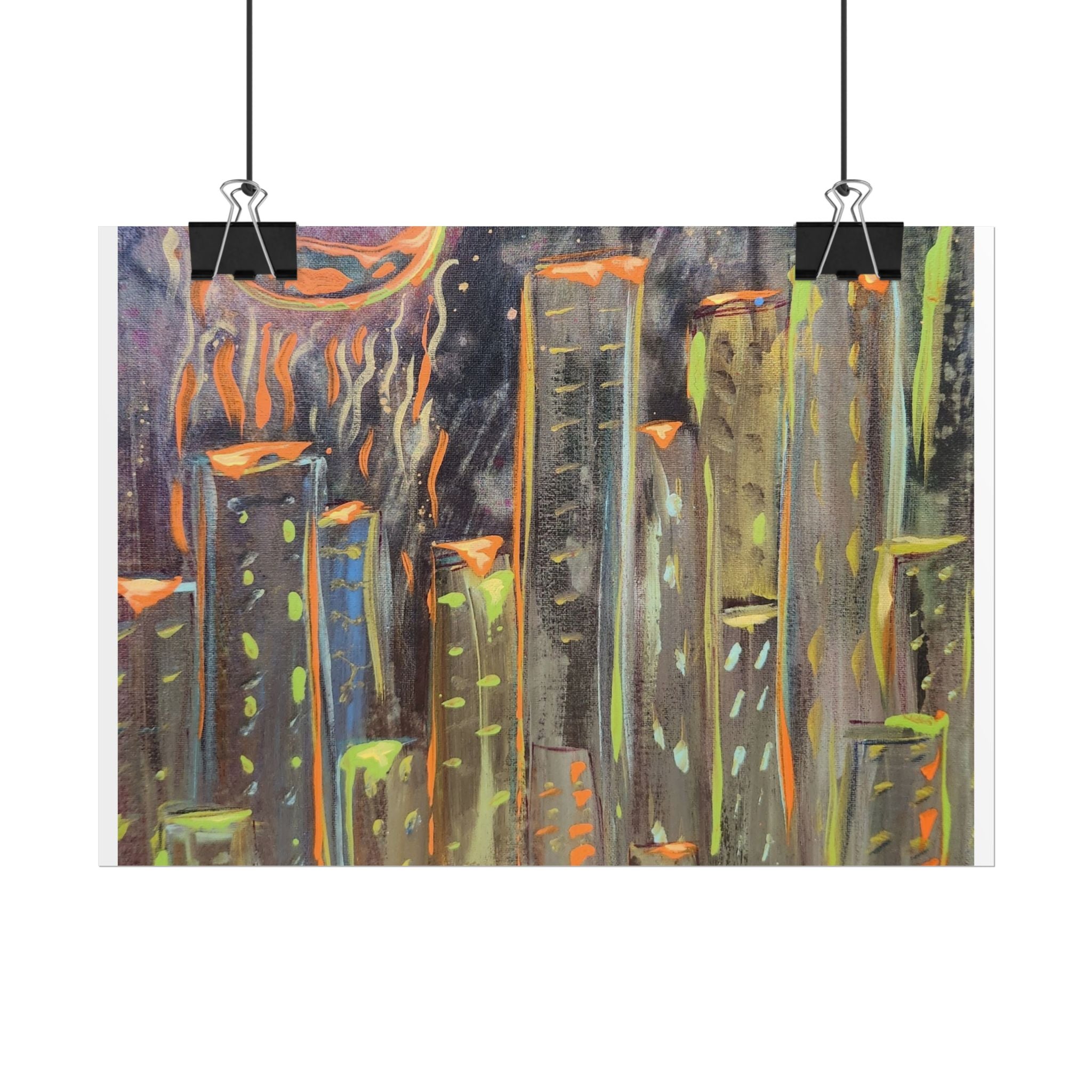 City Skyline Moon Poster — Neon Nightscape Rolled Art Print
