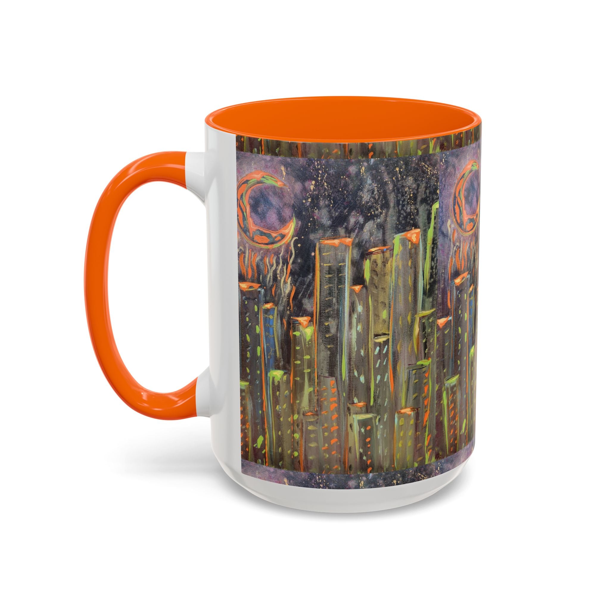 Cityscape Night Coffee Mug — Neon Skyline Art Accent Mug