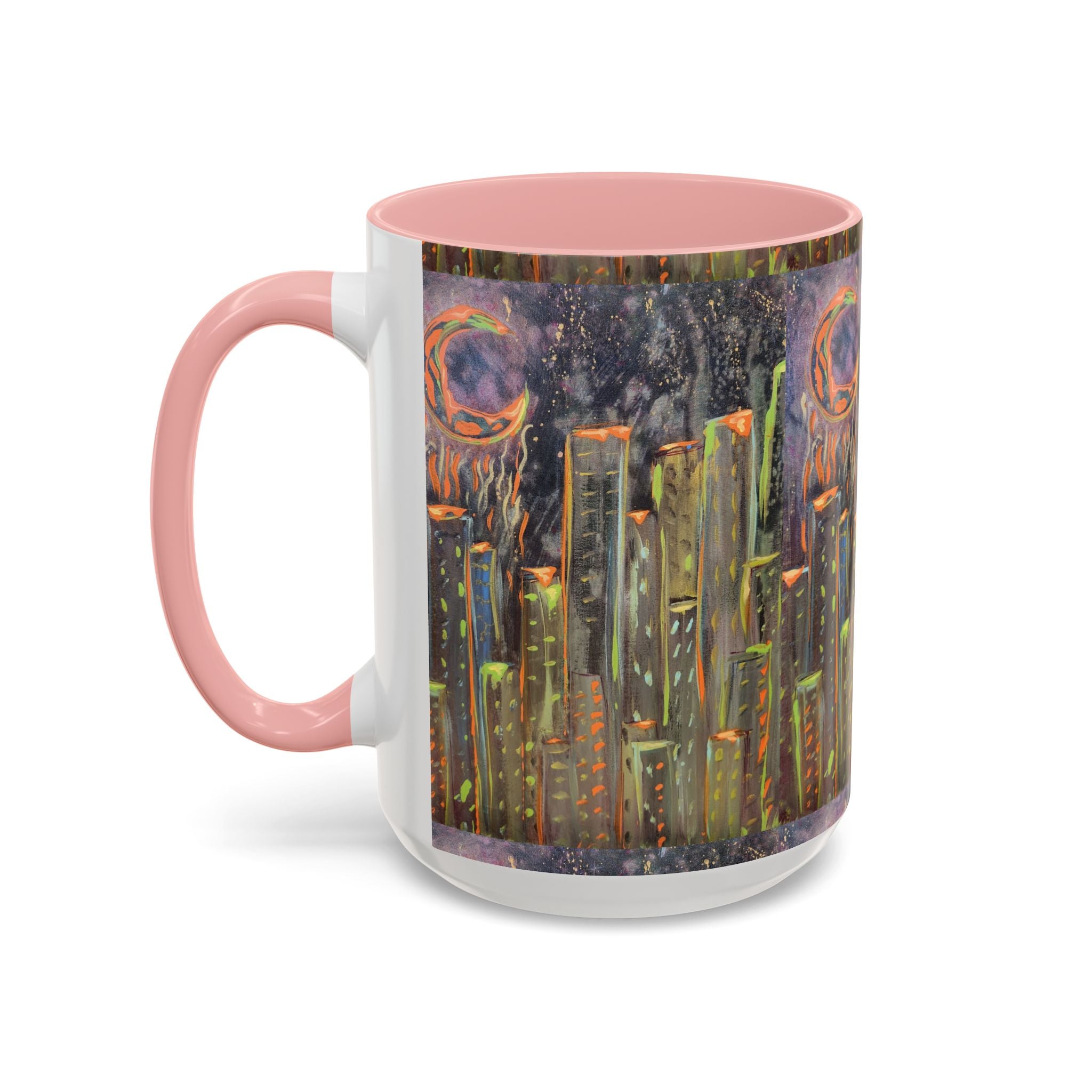 Cityscape Night Coffee Mug — Neon Skyline Art Accent Mug