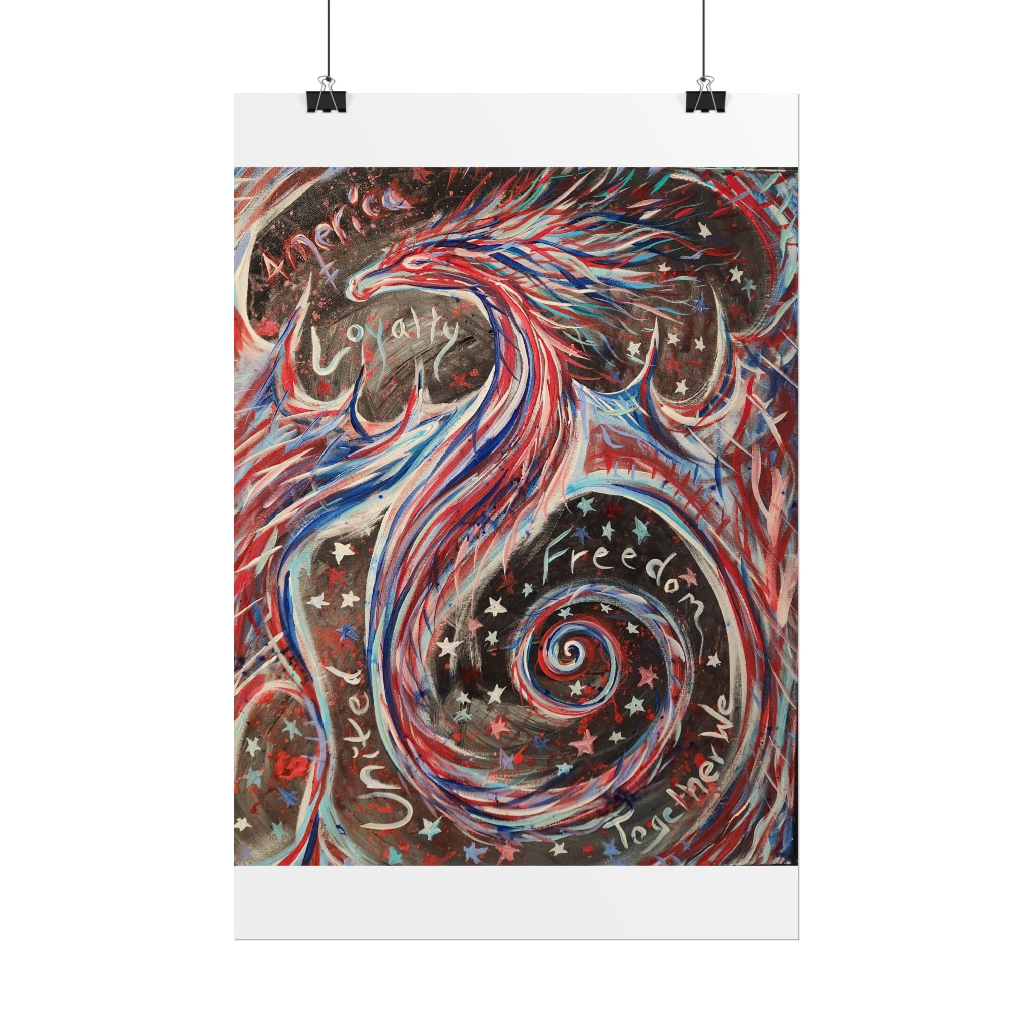 Rolled Poster — Patriotic Swirl Art Print: "Freedom, Unity, Loyalty" Red White Blue Decor