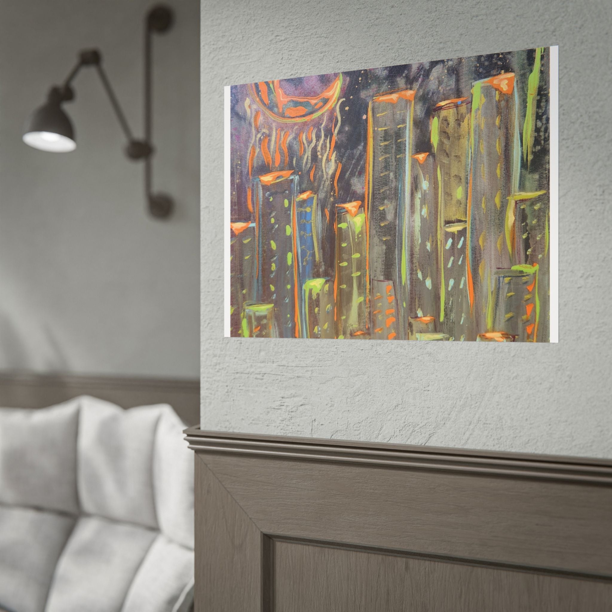 City Skyline Moon Poster — Neon Nightscape Rolled Art Print