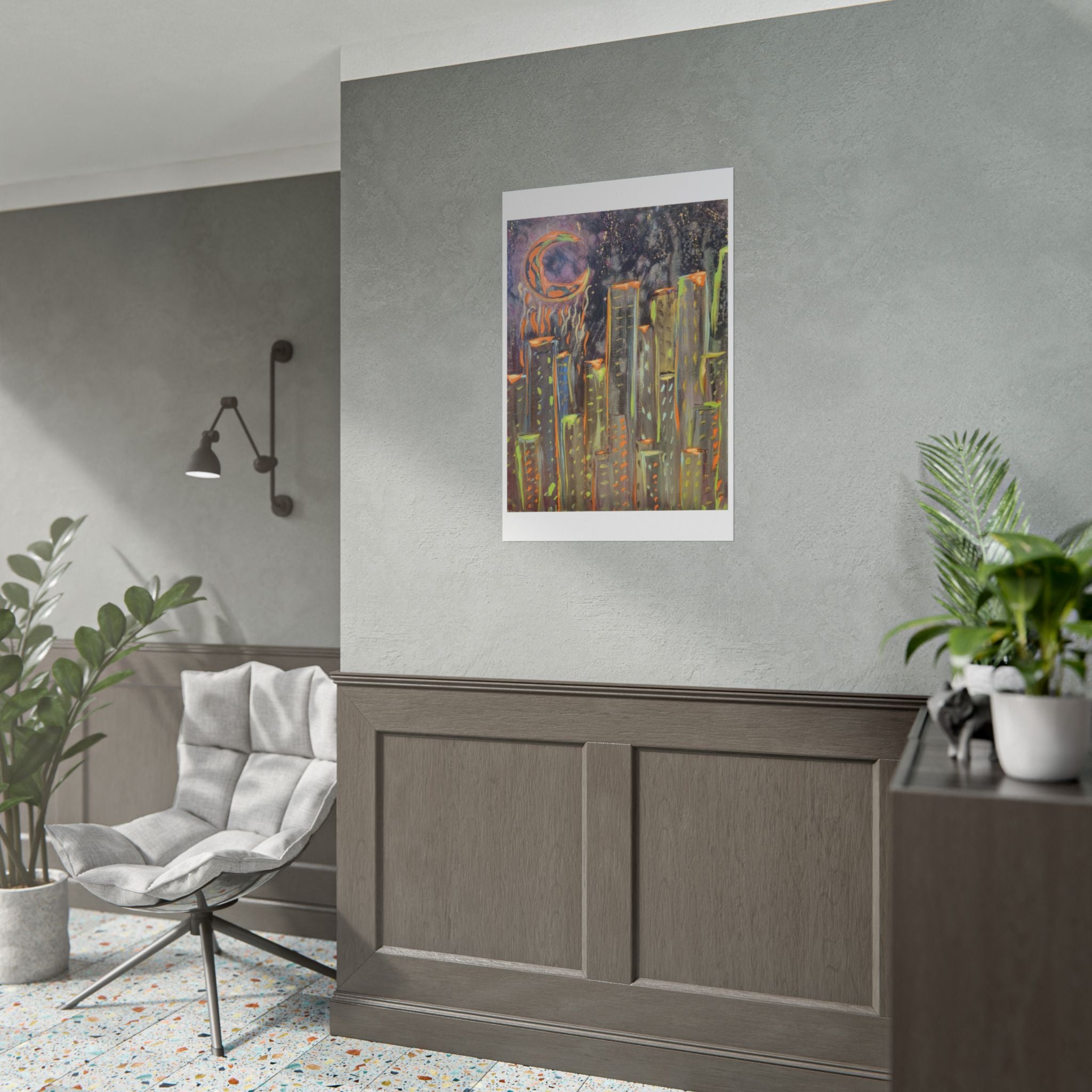 City Skyline Moon Poster — Neon Nightscape Rolled Art Print