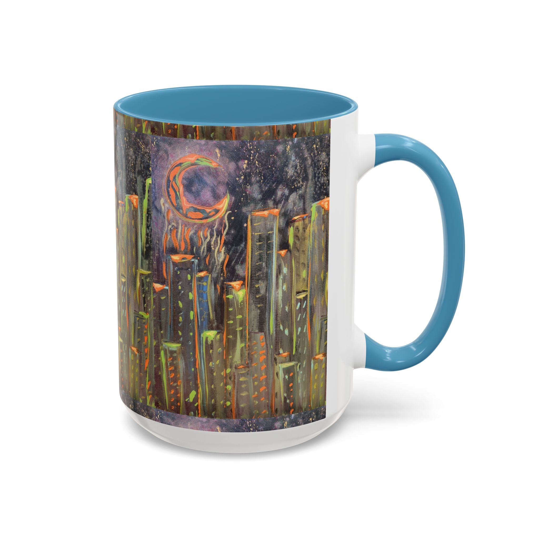 Cityscape Night Coffee Mug — Neon Skyline Art Accent Mug