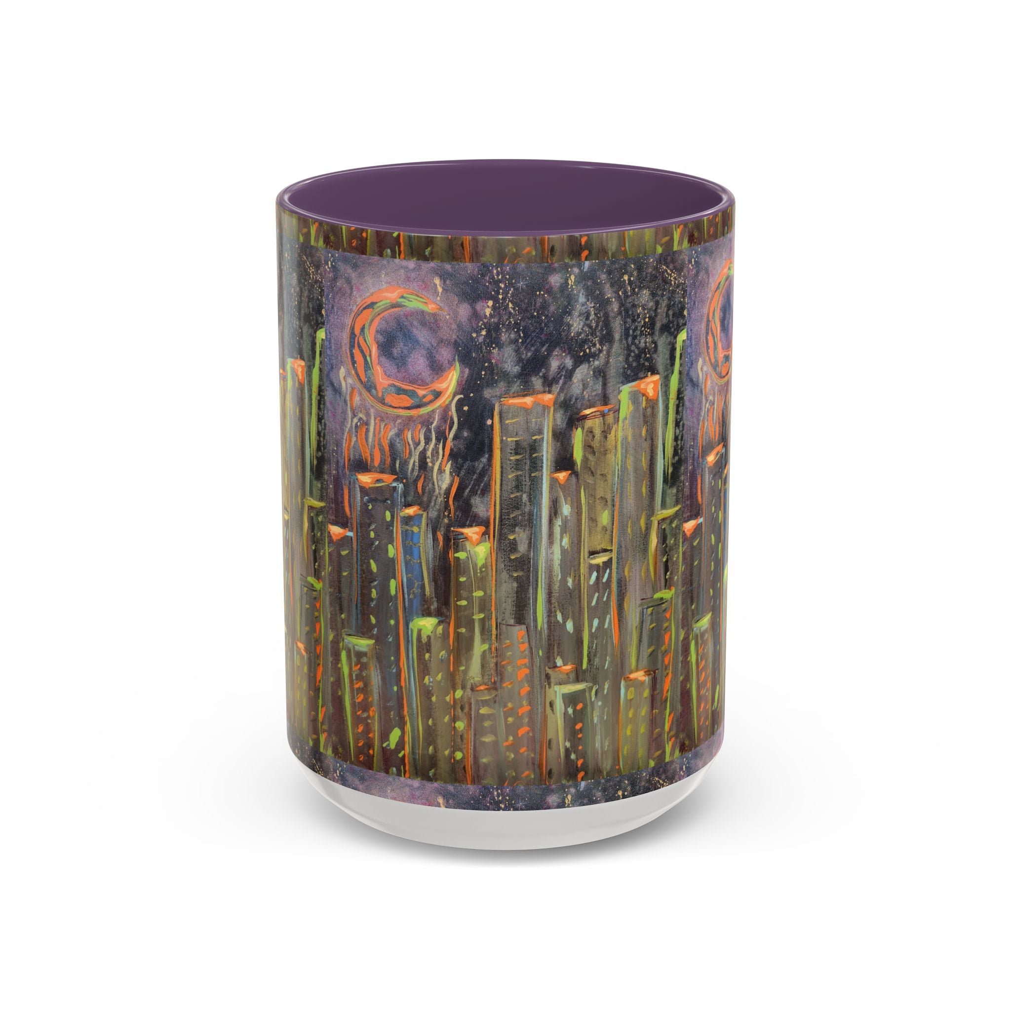 Cityscape Night Coffee Mug — Neon Skyline Art Accent Mug