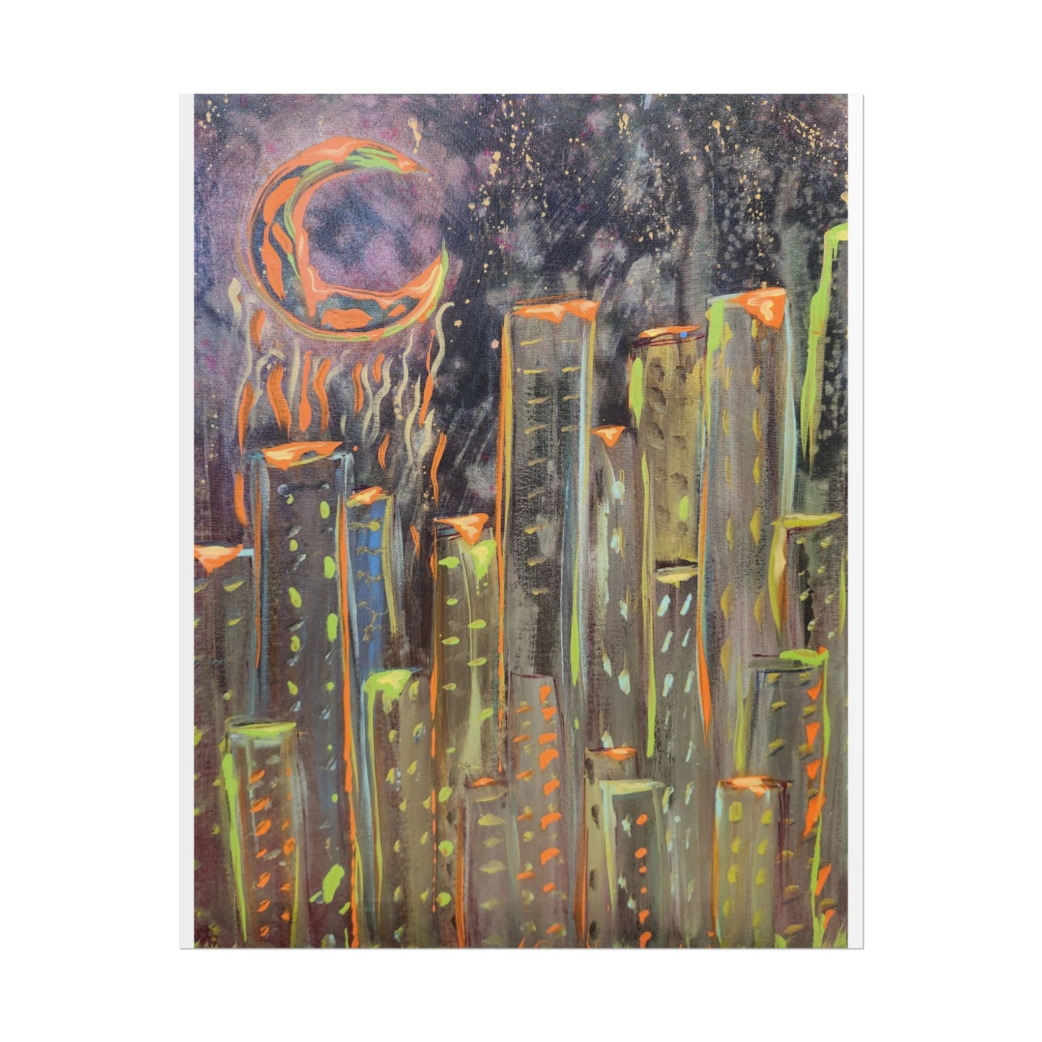 City Skyline Moon Poster — Neon Nightscape Rolled Art Print