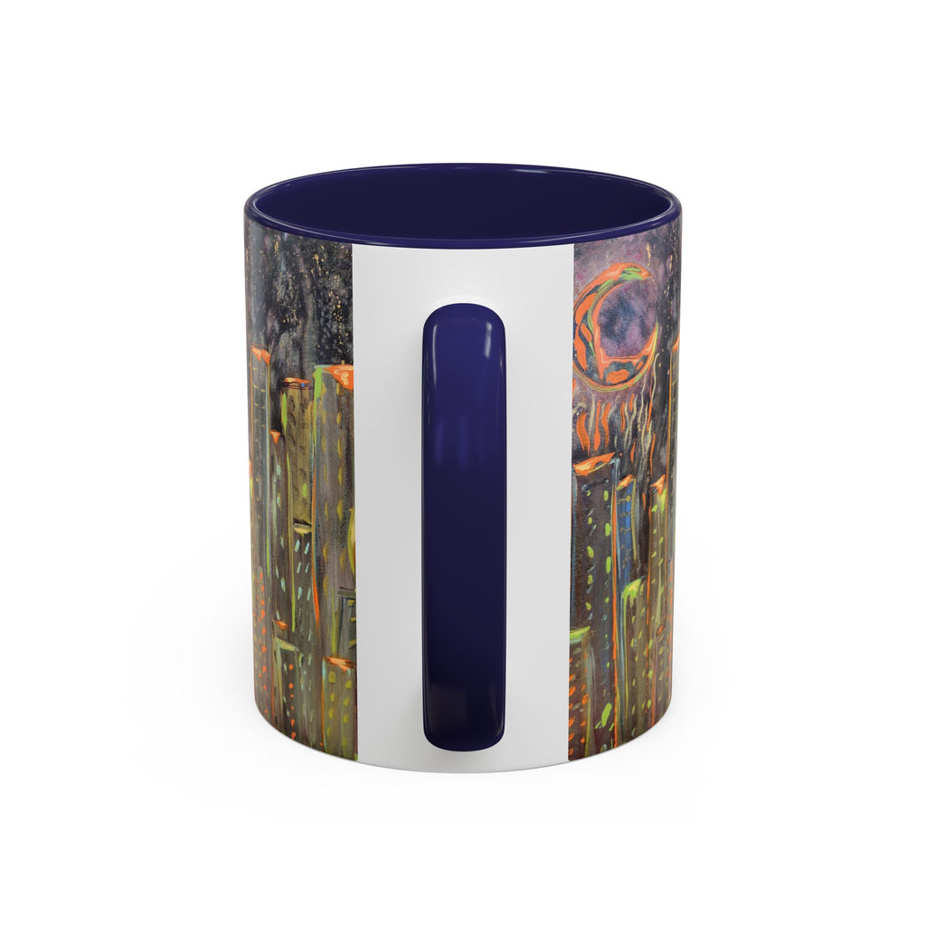 Cityscape Night Coffee Mug — Neon Skyline Art Accent Mug