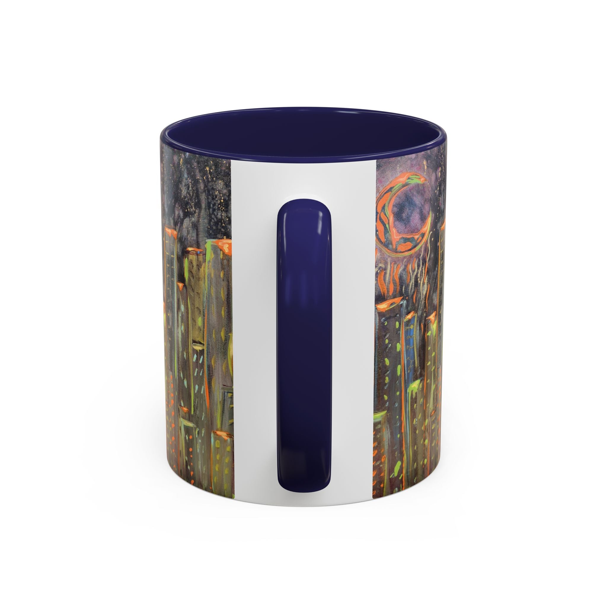 Cityscape Night Coffee Mug — Neon Skyline Art Accent Mug