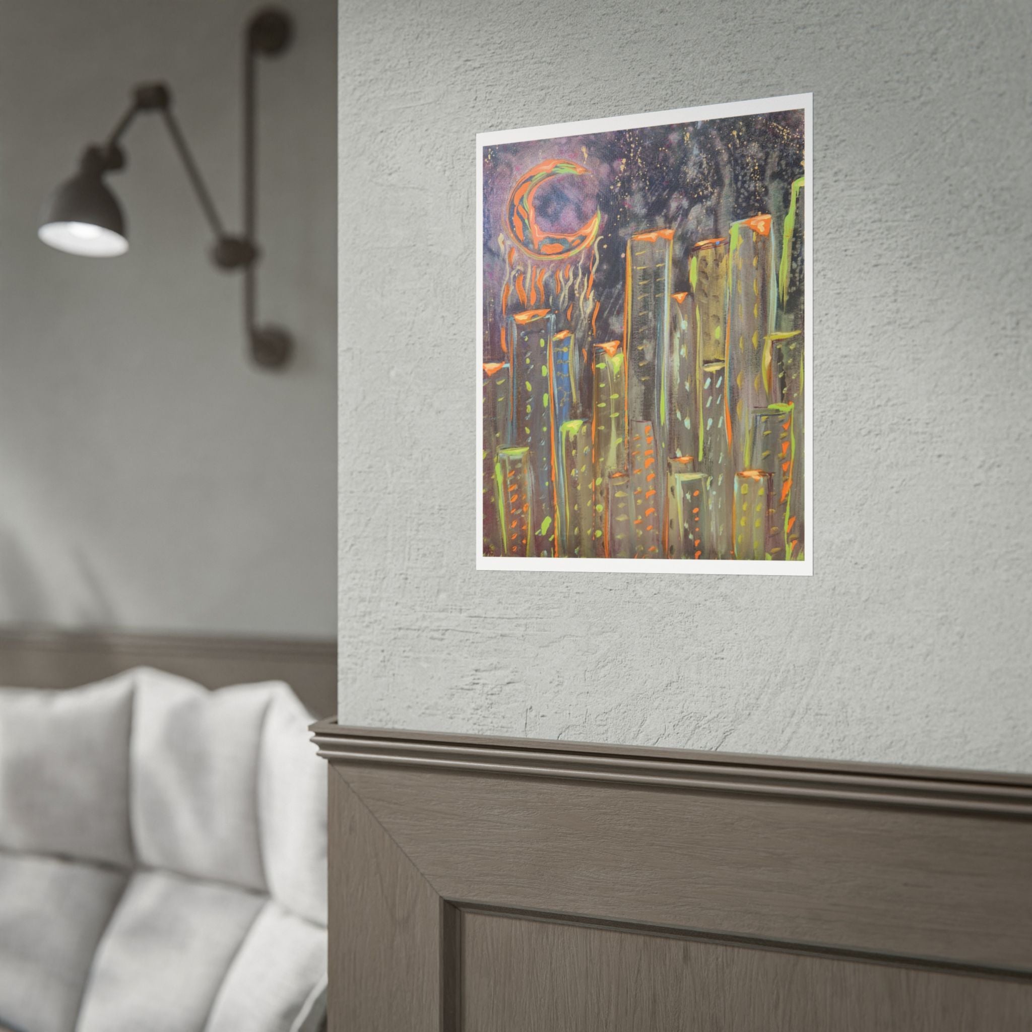 City Skyline Moon Poster — Neon Nightscape Rolled Art Print