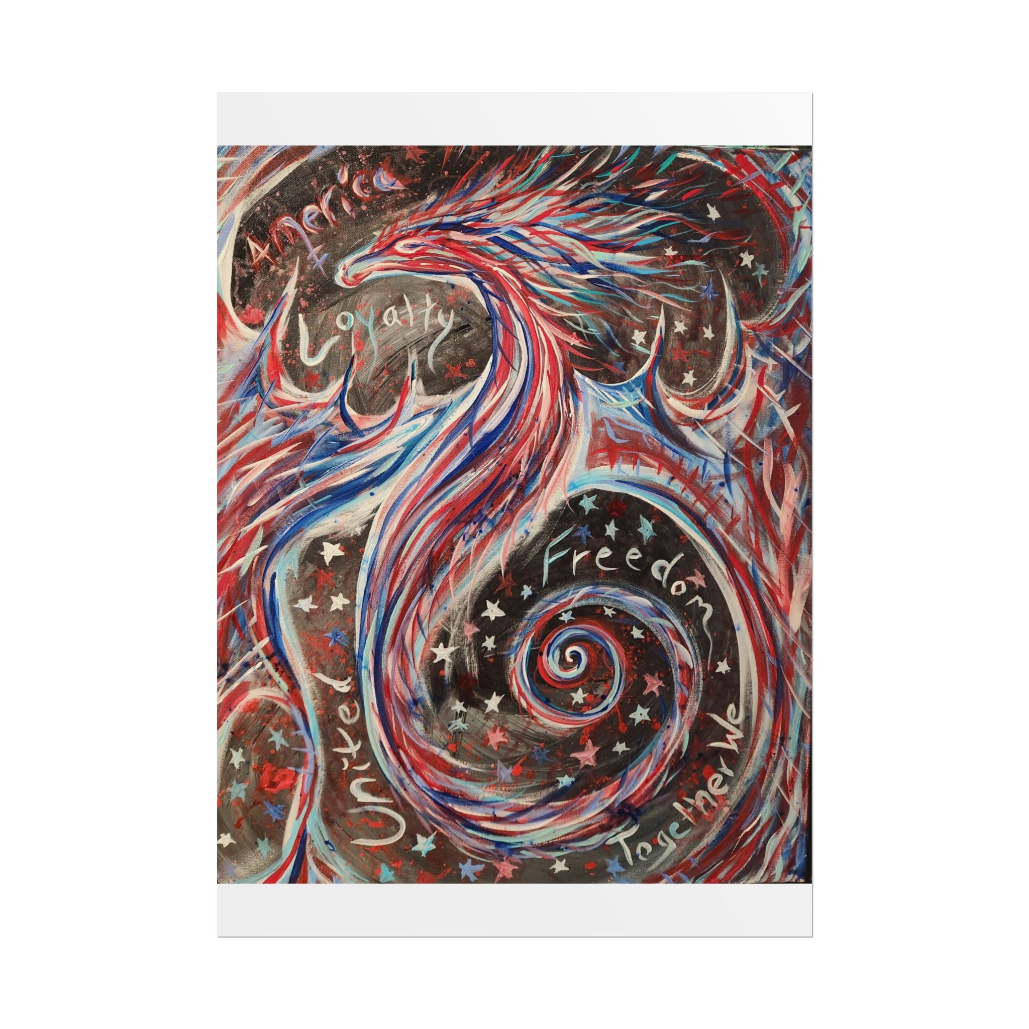 Rolled Poster — Patriotic Swirl Art Print: "Freedom, Unity, Loyalty" Red White Blue Decor