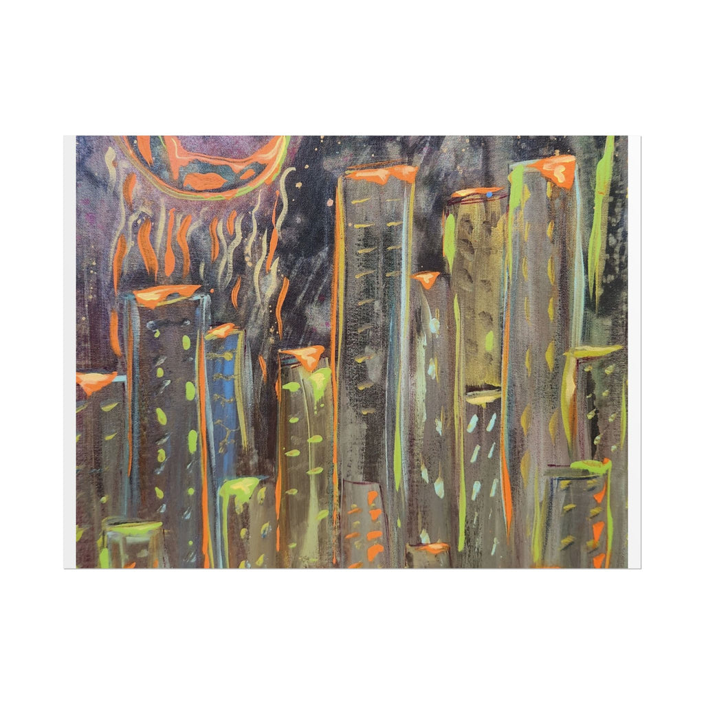 City Skyline Moon Poster — Neon Nightscape Rolled Art Print