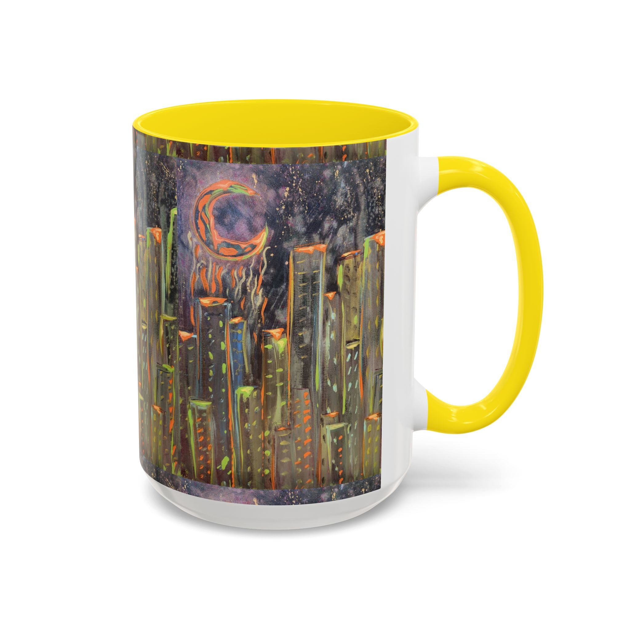 Cityscape Night Coffee Mug — Neon Skyline Art Accent Mug