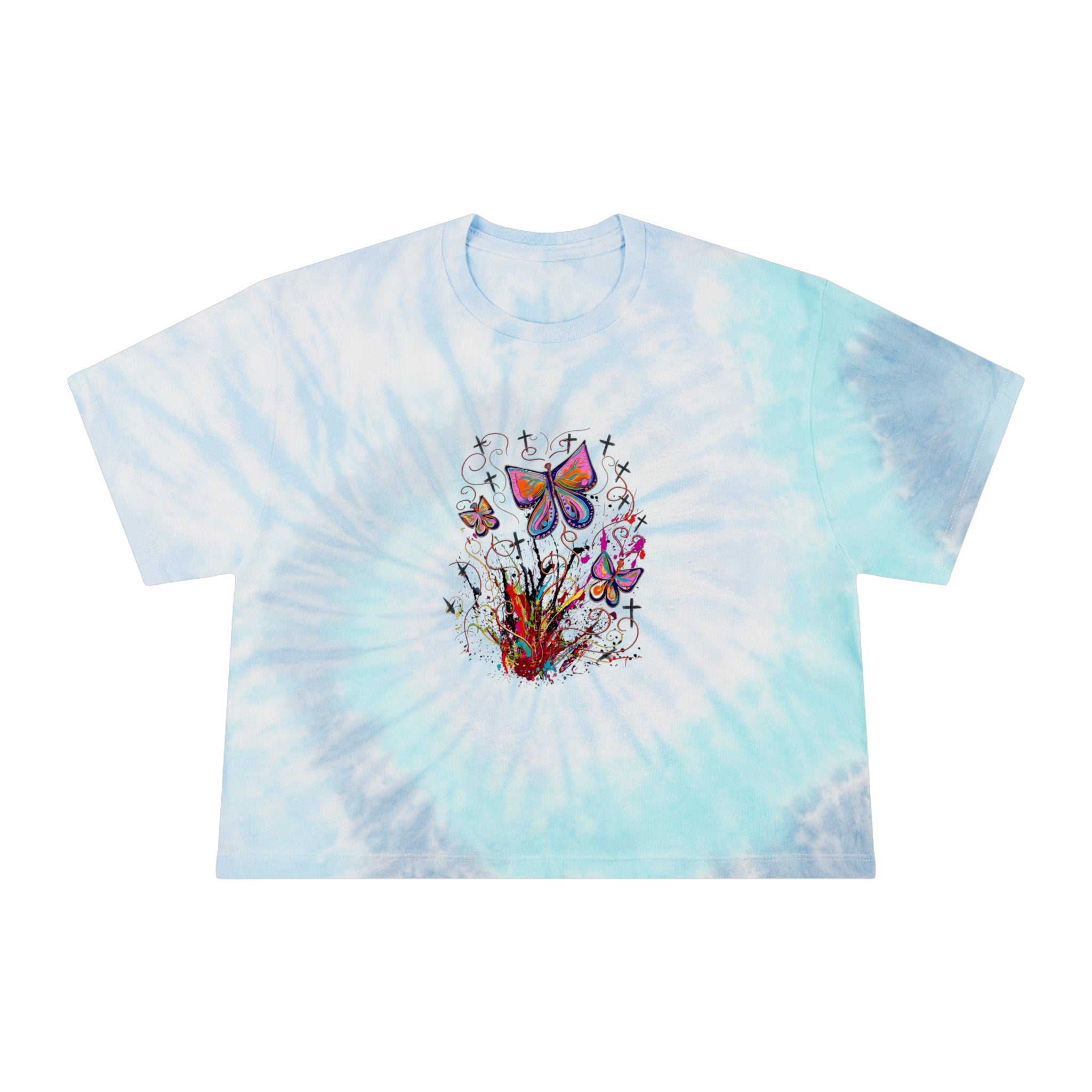 Butterfly Garden Tie-Dye Crop Tee — Pastel Blue Butterfly Graphic Crop Top