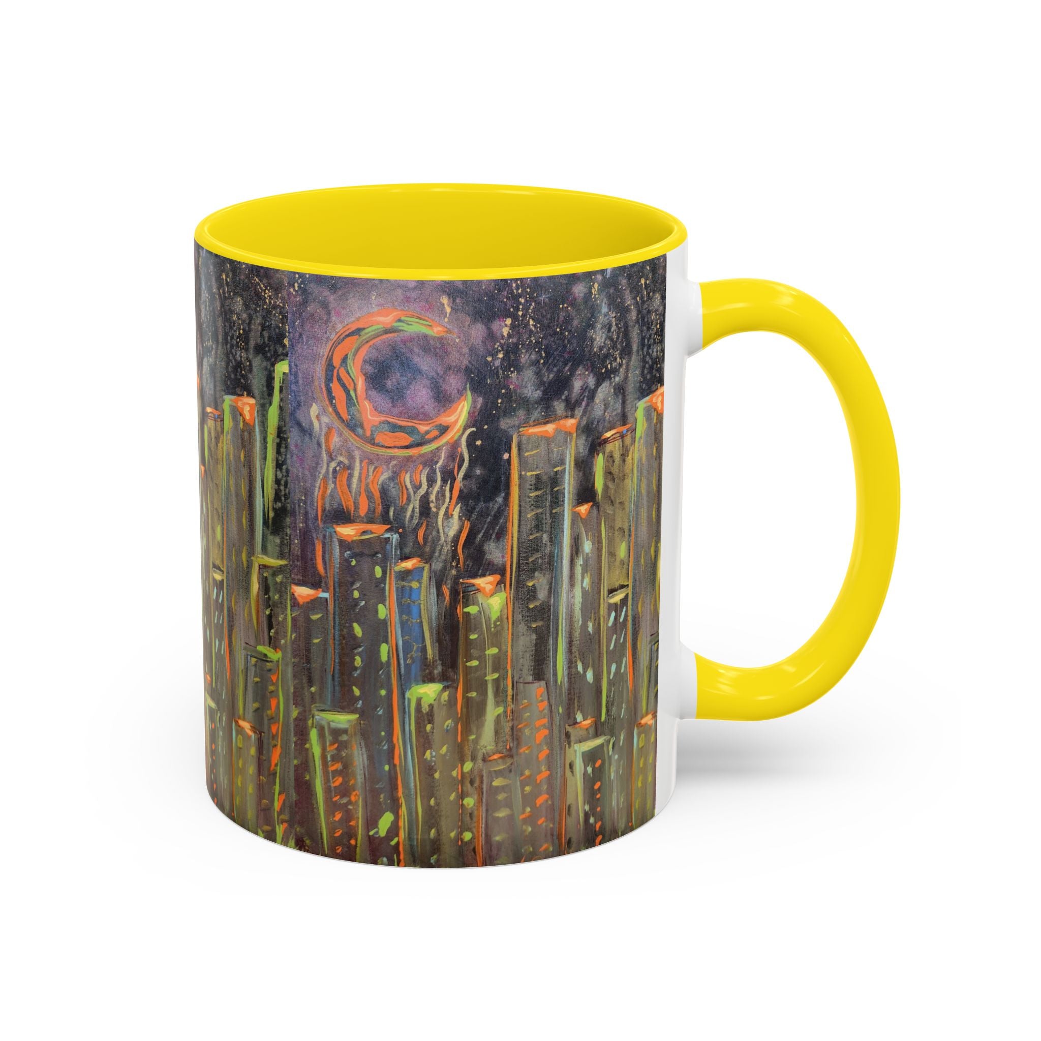 Cityscape Night Coffee Mug — Neon Skyline Art Accent Mug