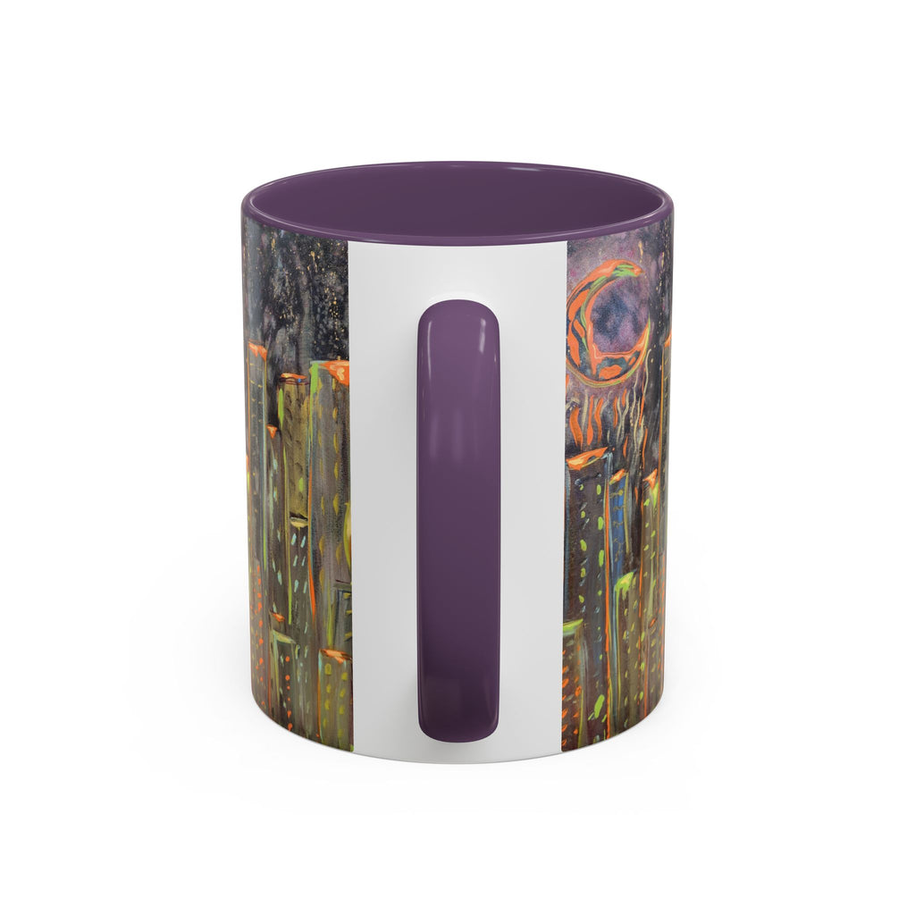 Cityscape Night Coffee Mug — Neon Skyline Art Accent Mug