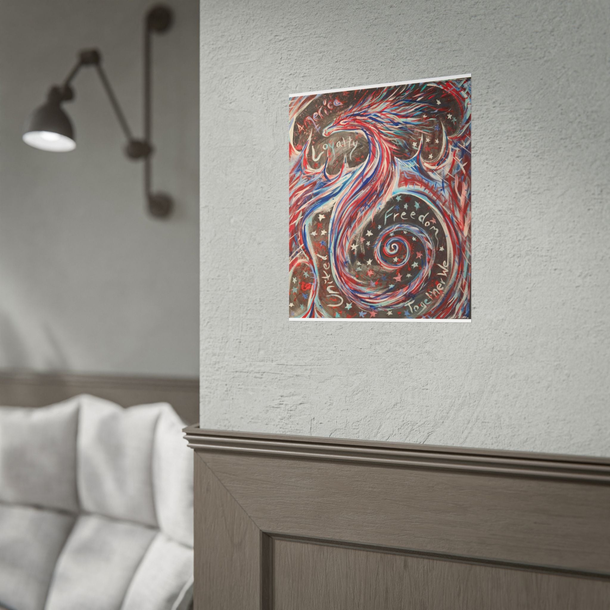 Rolled Poster — Patriotic Swirl Art Print: "Freedom, Unity, Loyalty" Red White Blue Decor