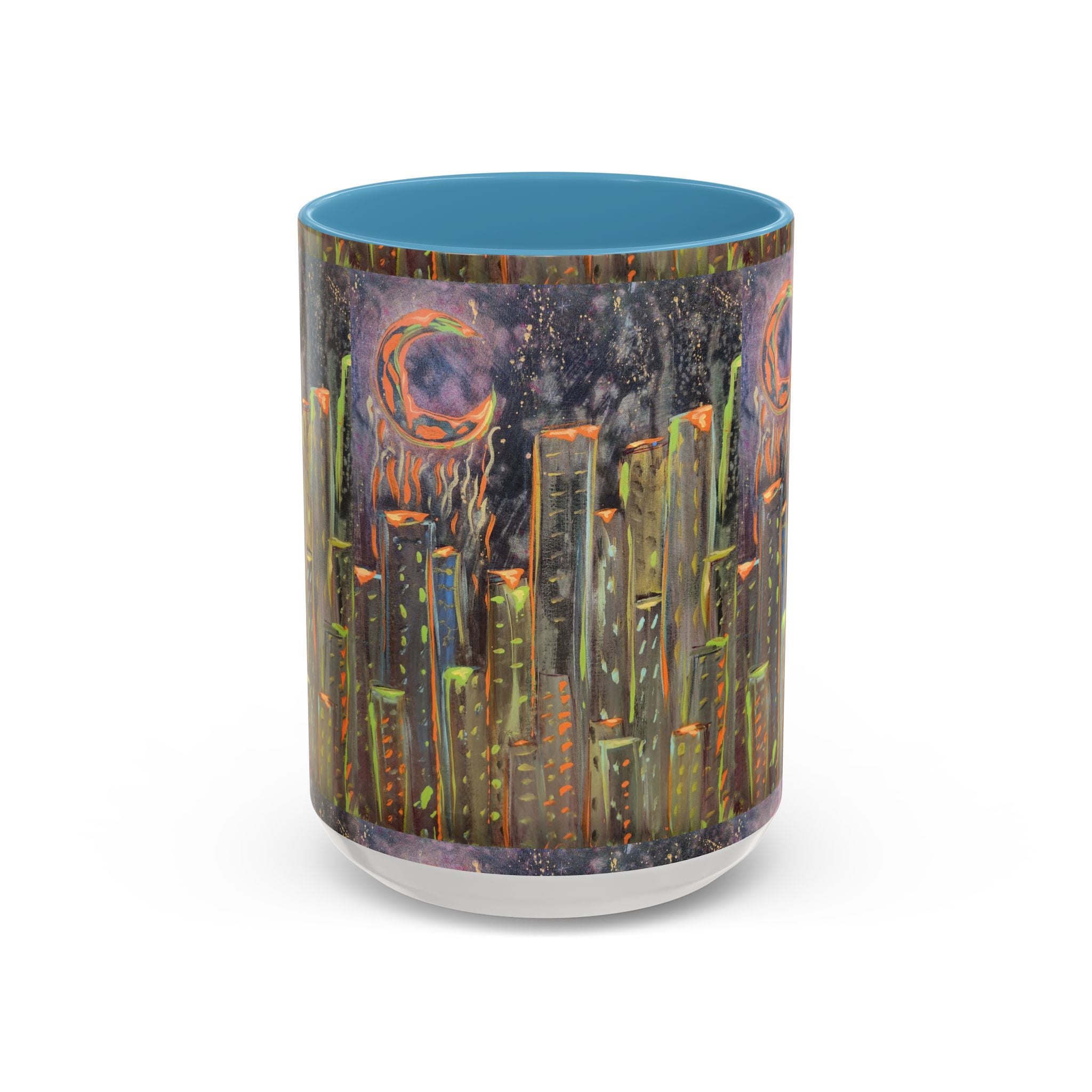 Cityscape Night Coffee Mug — Neon Skyline Art Accent Mug