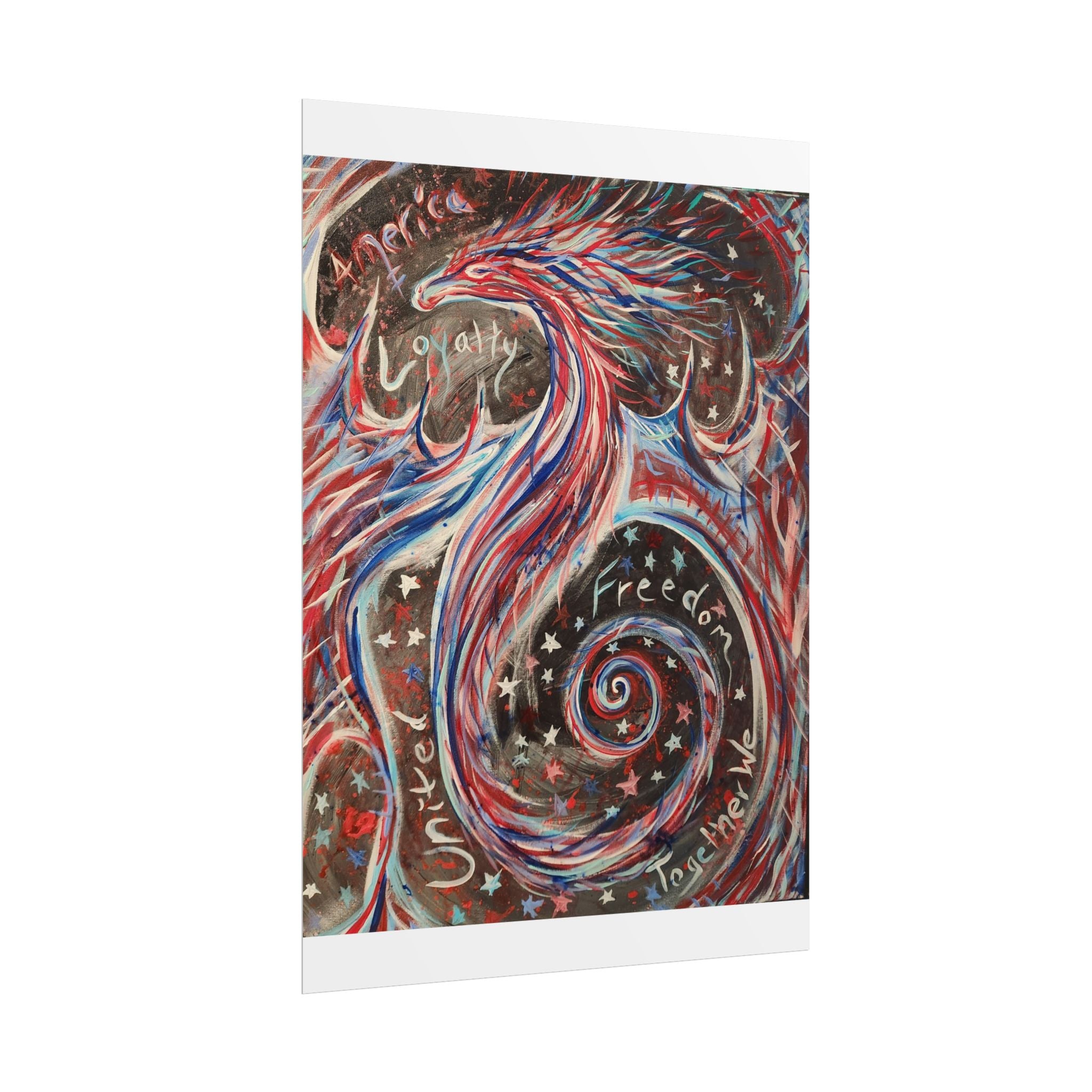 Rolled Poster — Patriotic Swirl Art Print: "Freedom, Unity, Loyalty" Red White Blue Decor