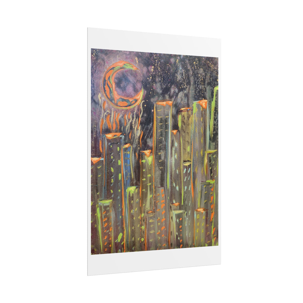 City Skyline Moon Poster — Neon Nightscape Rolled Art Print