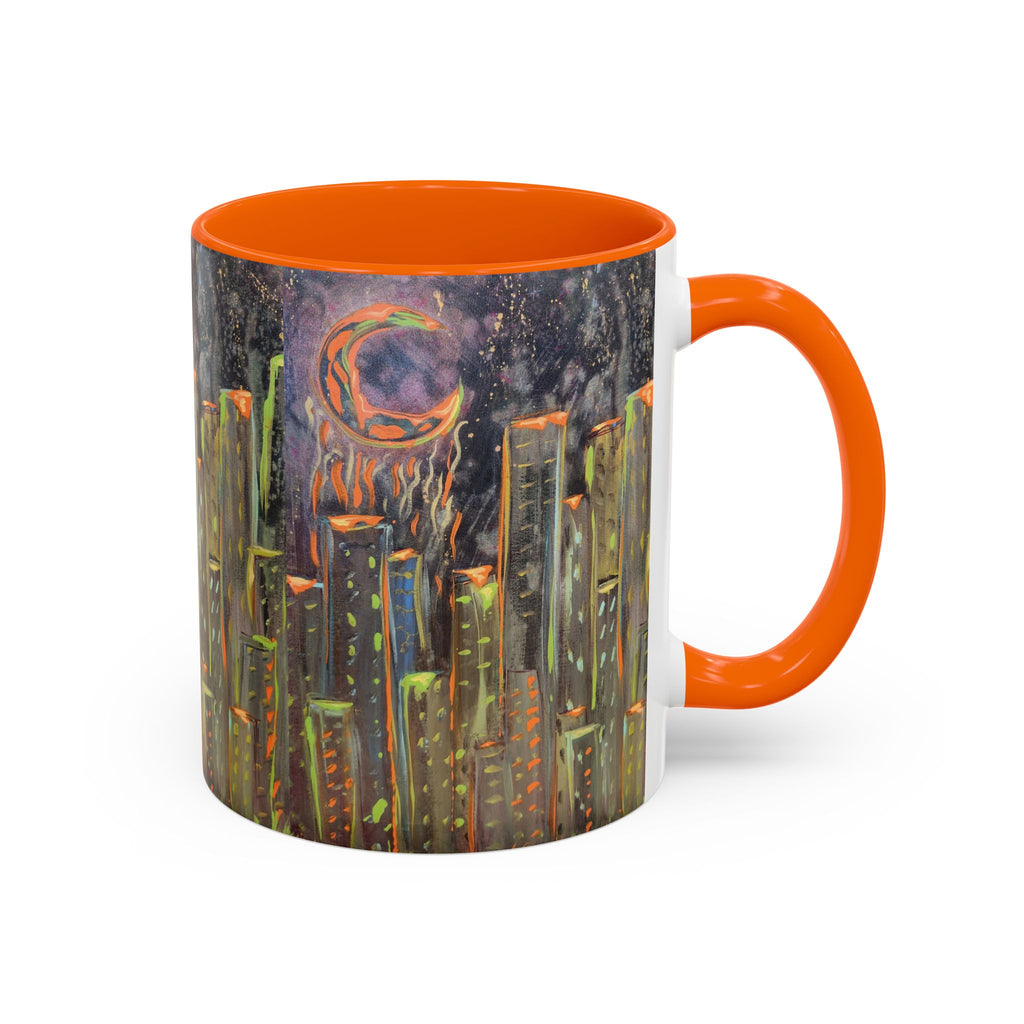 Cityscape Night Coffee Mug — Neon Skyline Art Accent Mug