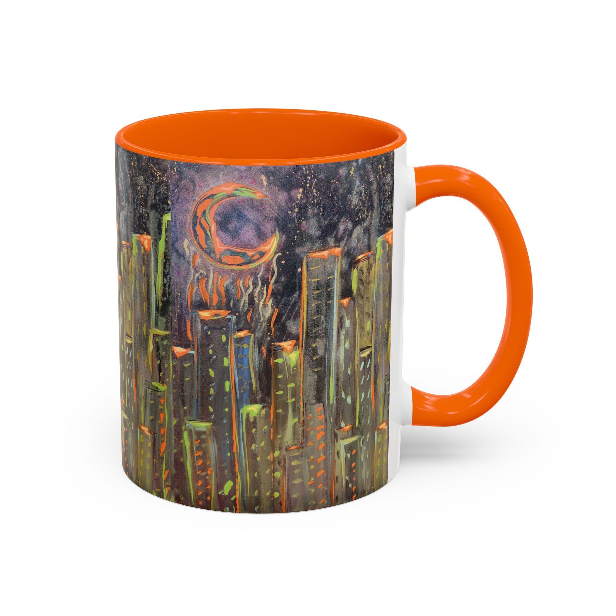 Cityscape Night Coffee Mug — Neon Skyline Art Accent Mug