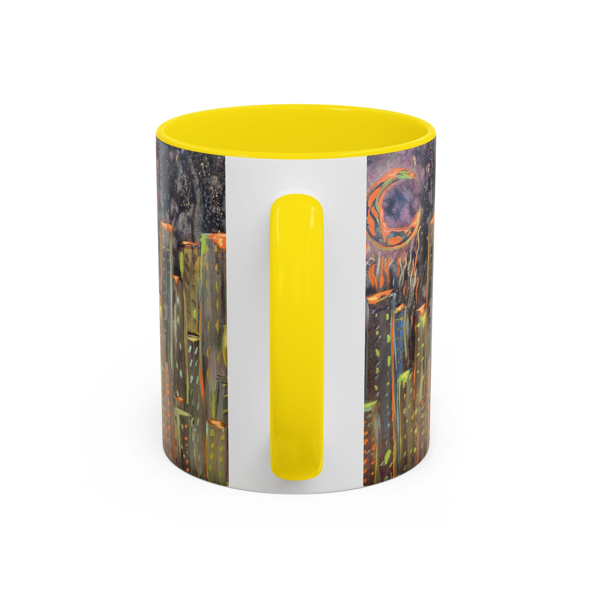 Cityscape Night Coffee Mug — Neon Skyline Art Accent Mug