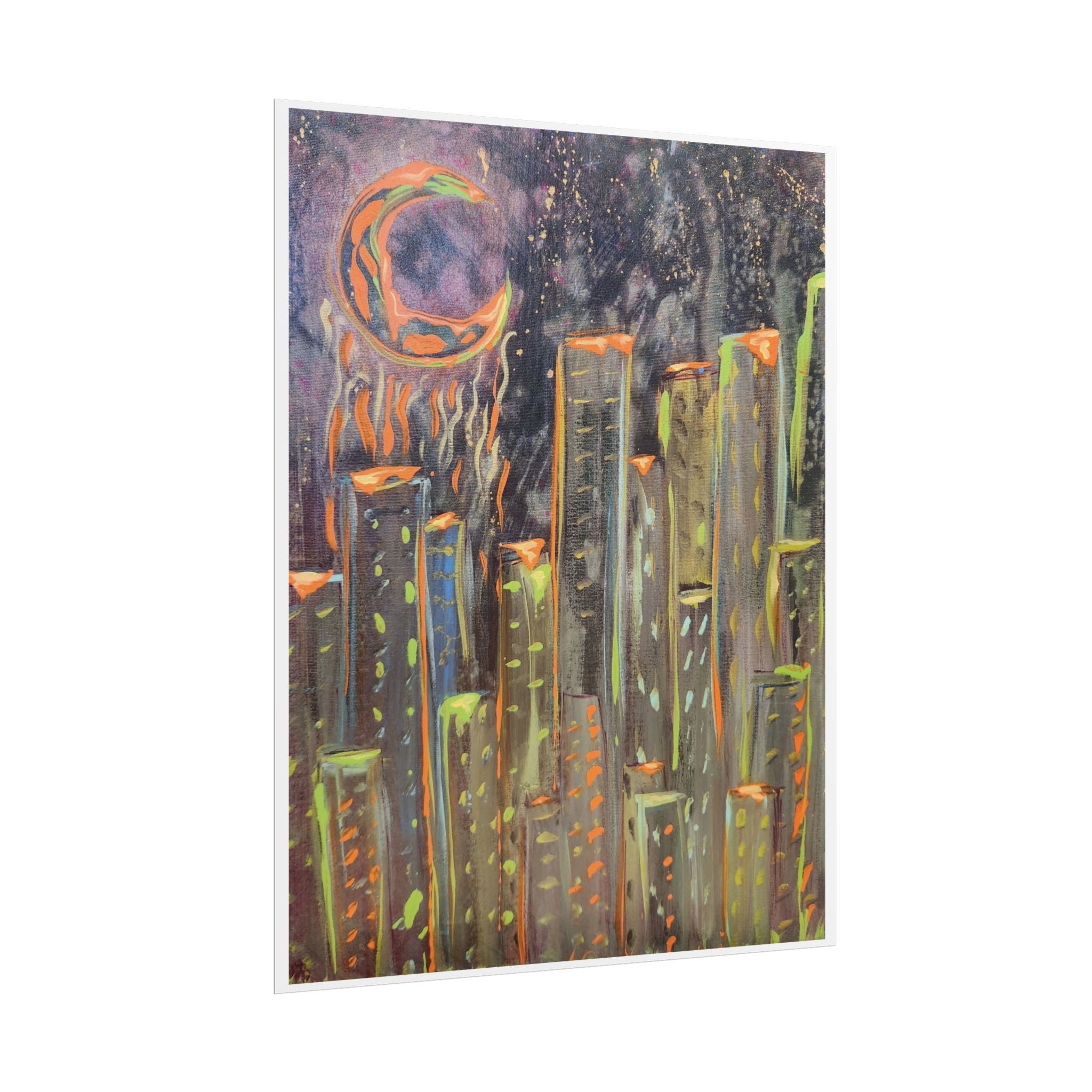 City Skyline Moon Poster — Neon Nightscape Rolled Art Print