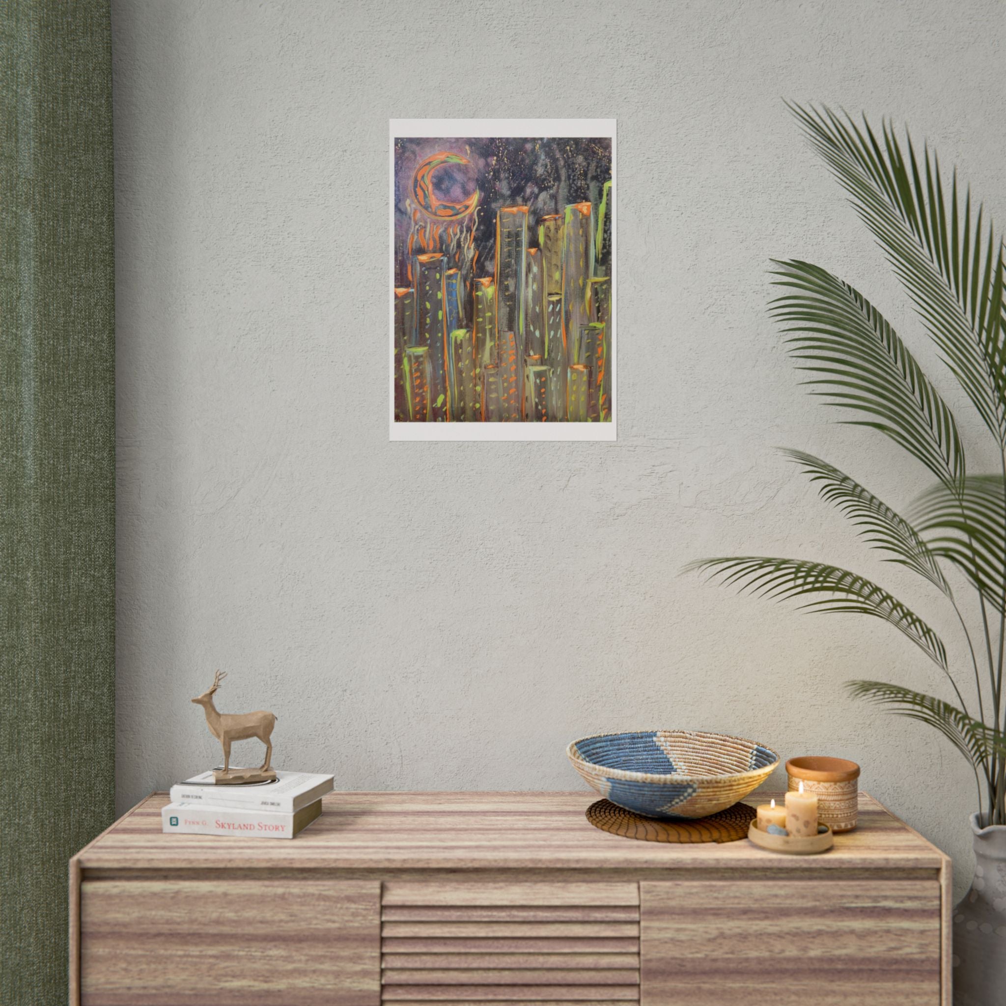 City Skyline Moon Poster — Neon Nightscape Rolled Art Print