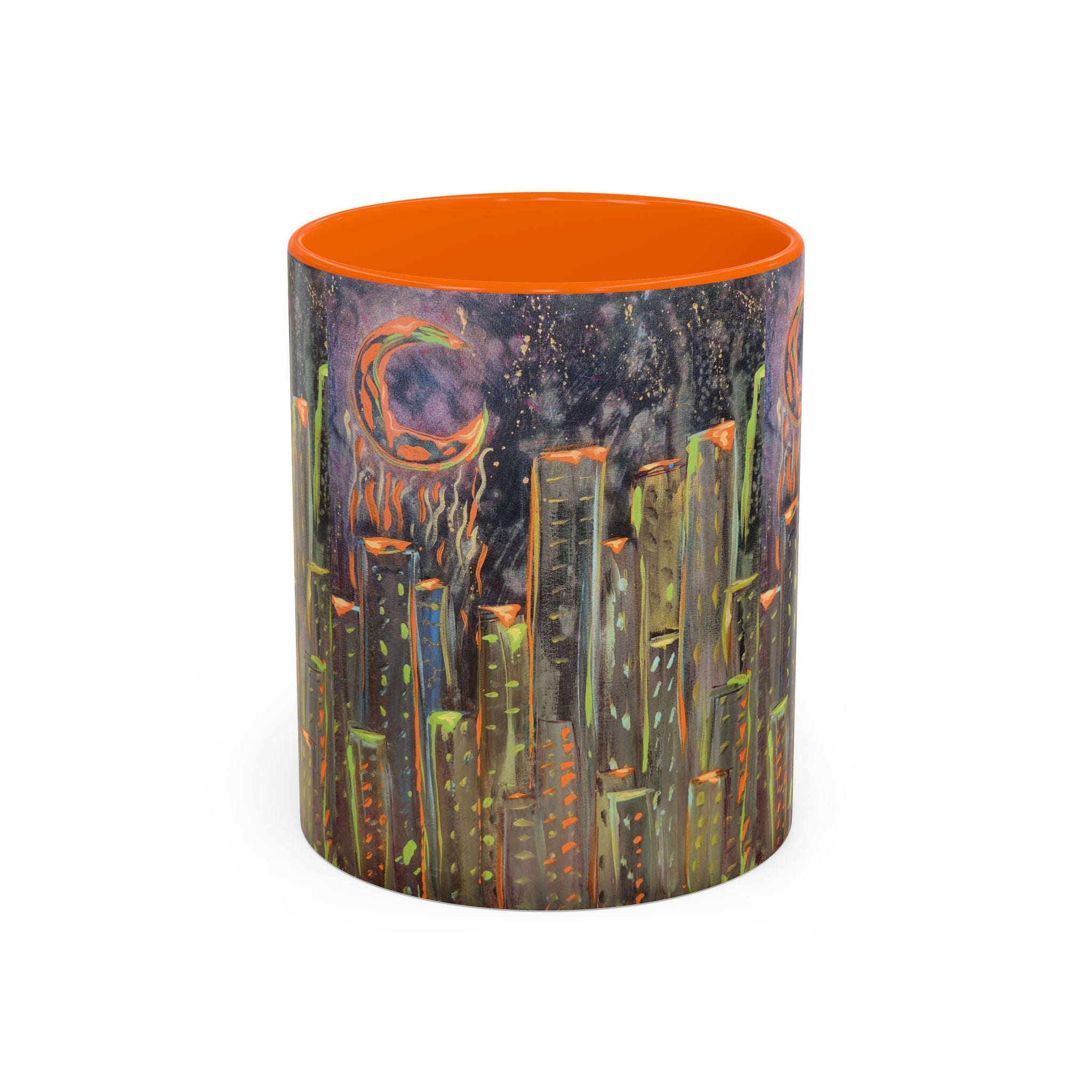 Cityscape Night Coffee Mug — Neon Skyline Art Accent Mug