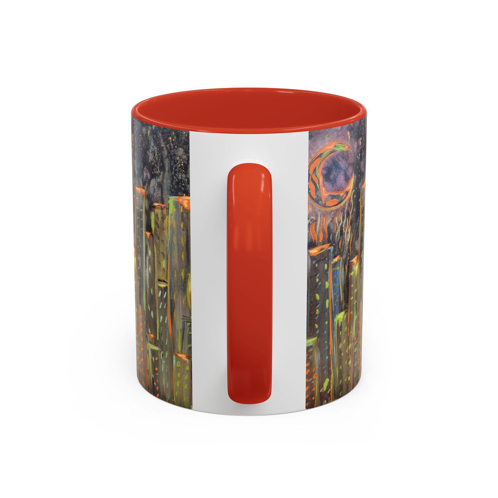 Cityscape Night Coffee Mug — Neon Skyline Art Accent Mug