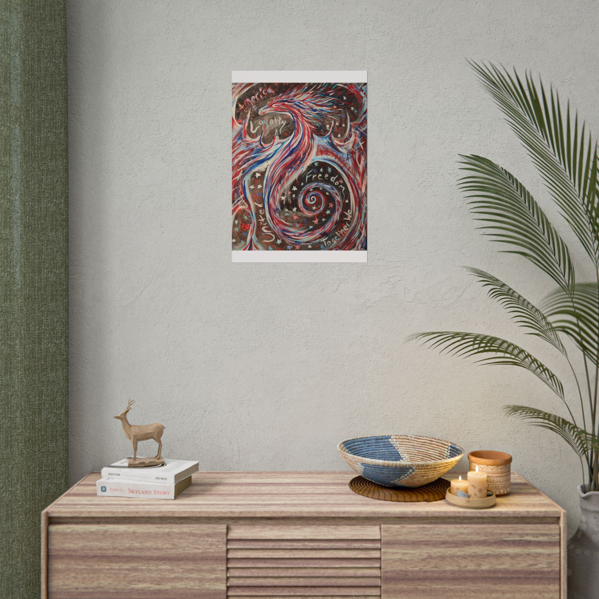 Rolled Poster — Patriotic Swirl Art Print: "Freedom, Unity, Loyalty" Red White Blue Decor