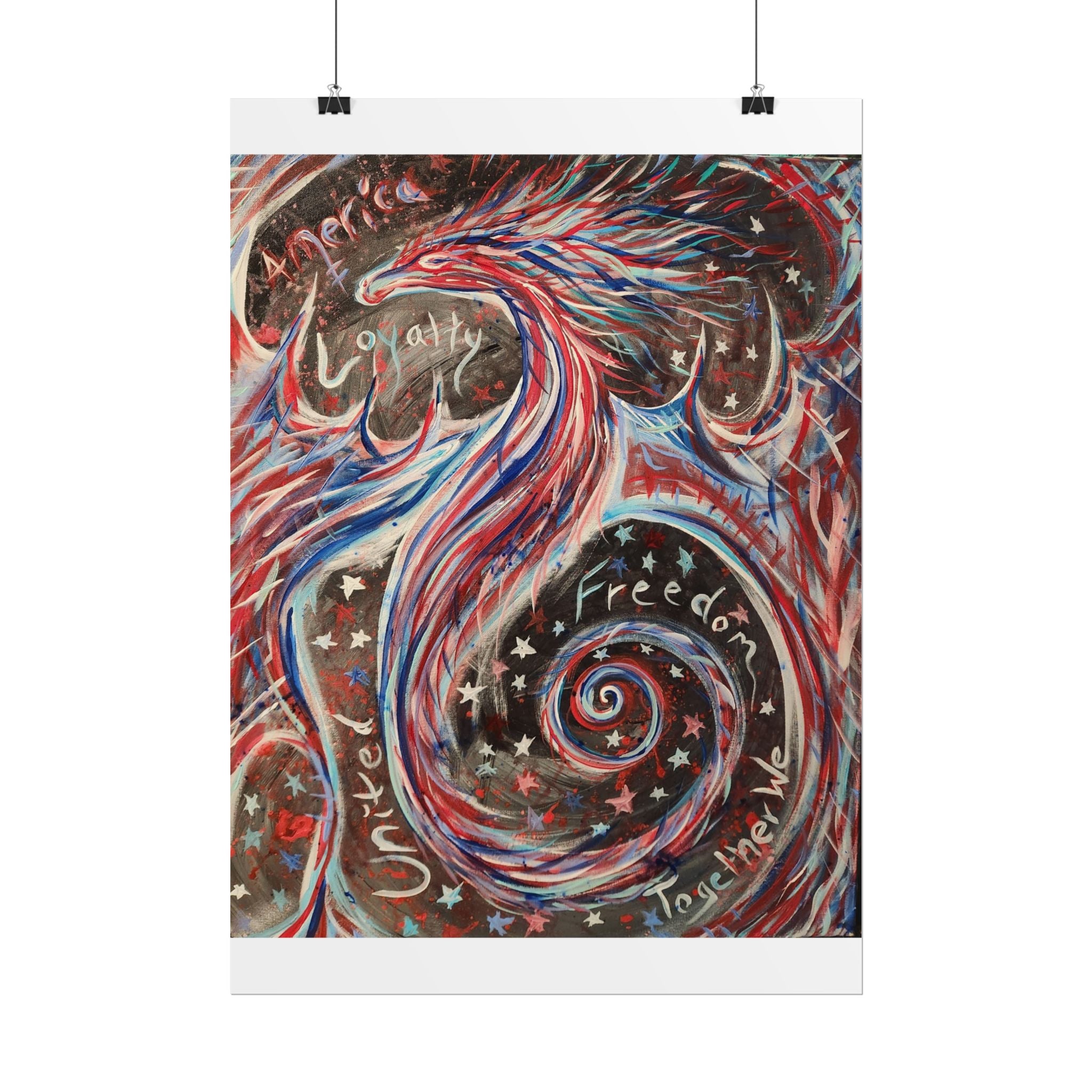 Rolled Poster — Patriotic Swirl Art Print: "Freedom, Unity, Loyalty" Red White Blue Decor