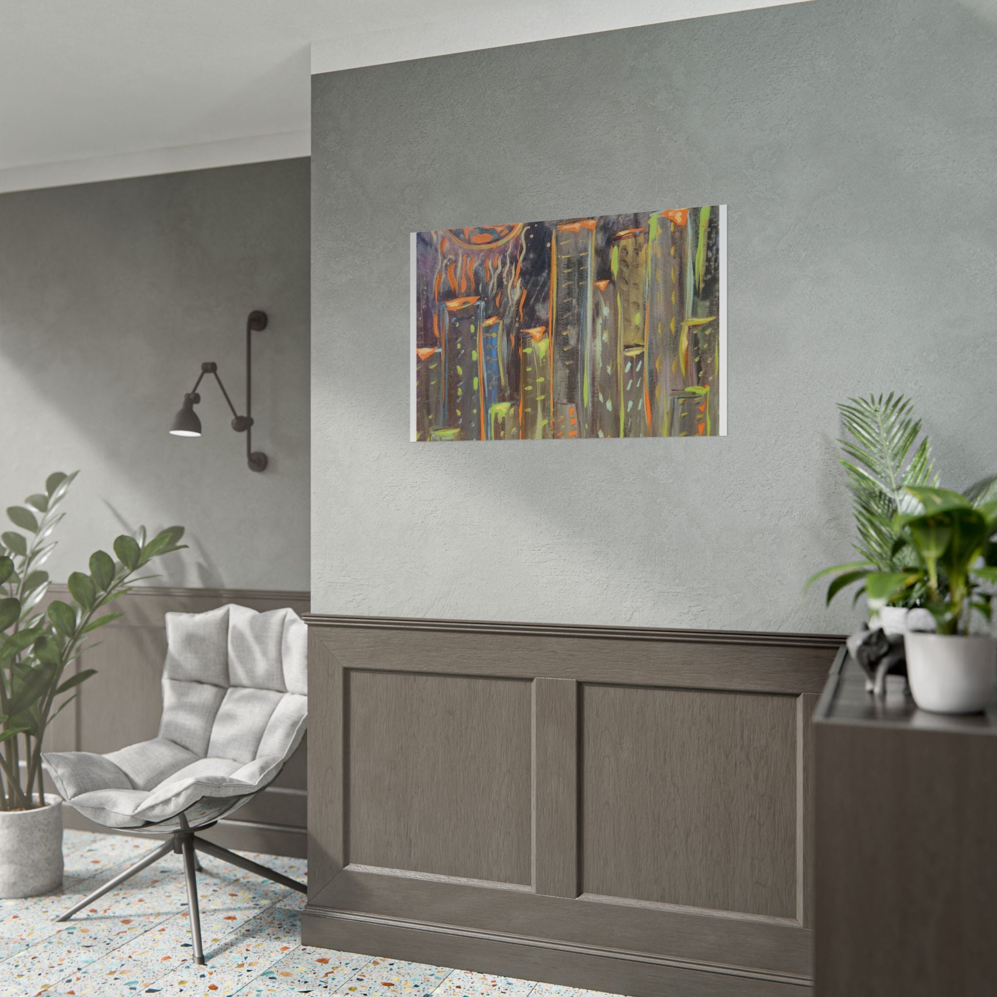 City Skyline Moon Poster — Neon Nightscape Rolled Art Print