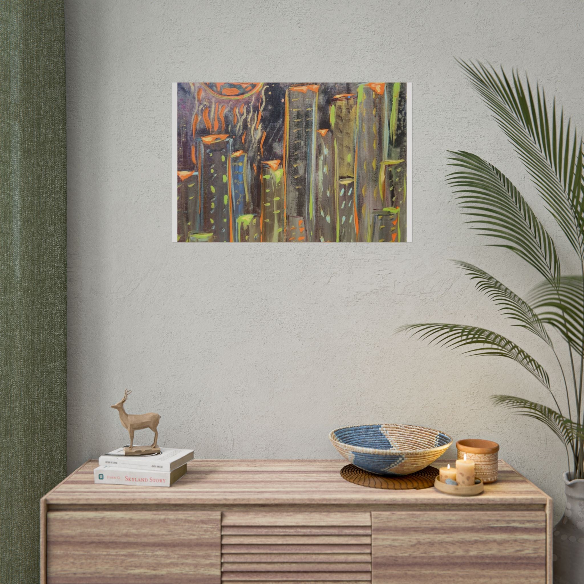 City Skyline Moon Poster — Neon Nightscape Rolled Art Print