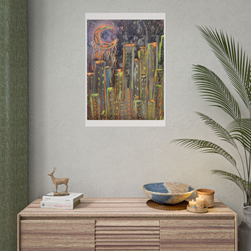 City Skyline Moon Poster — Neon Nightscape Rolled Art Print