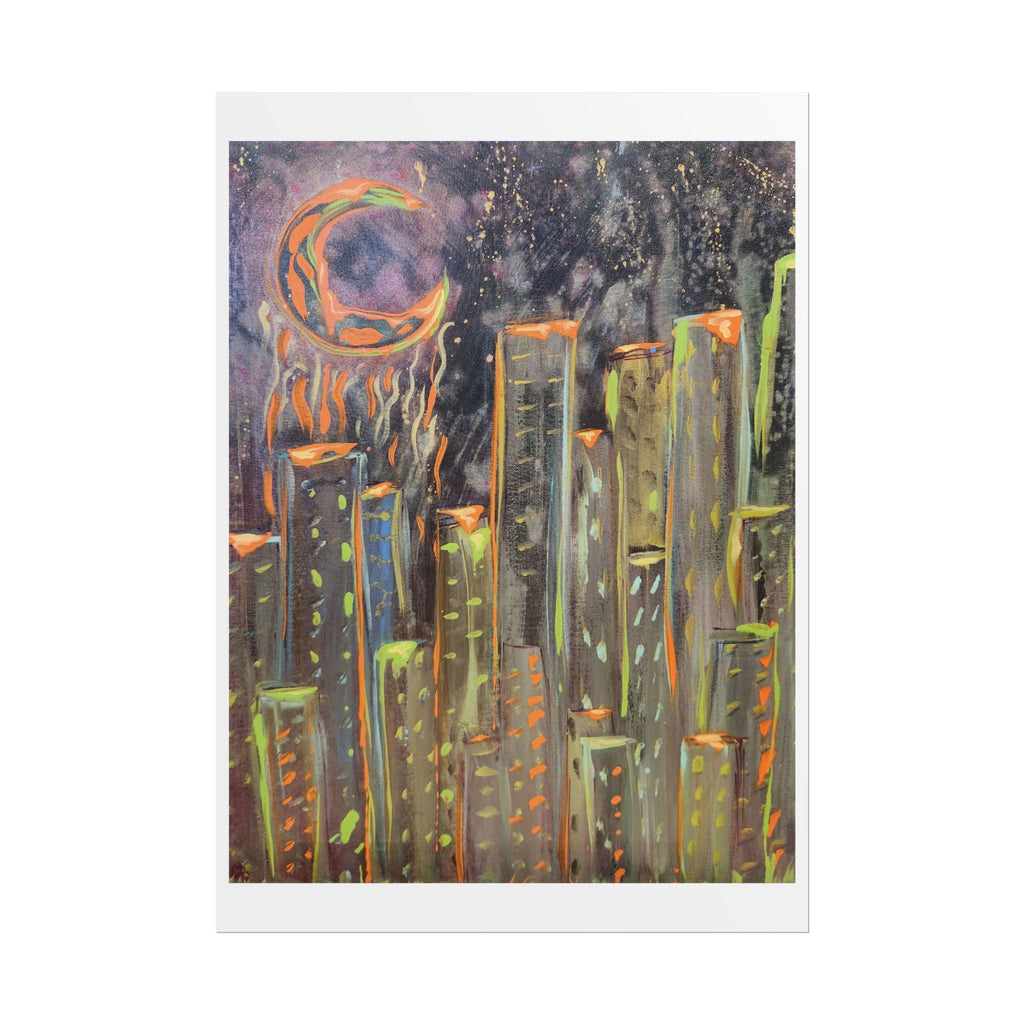 City Skyline Moon Poster — Neon Nightscape Rolled Art Print