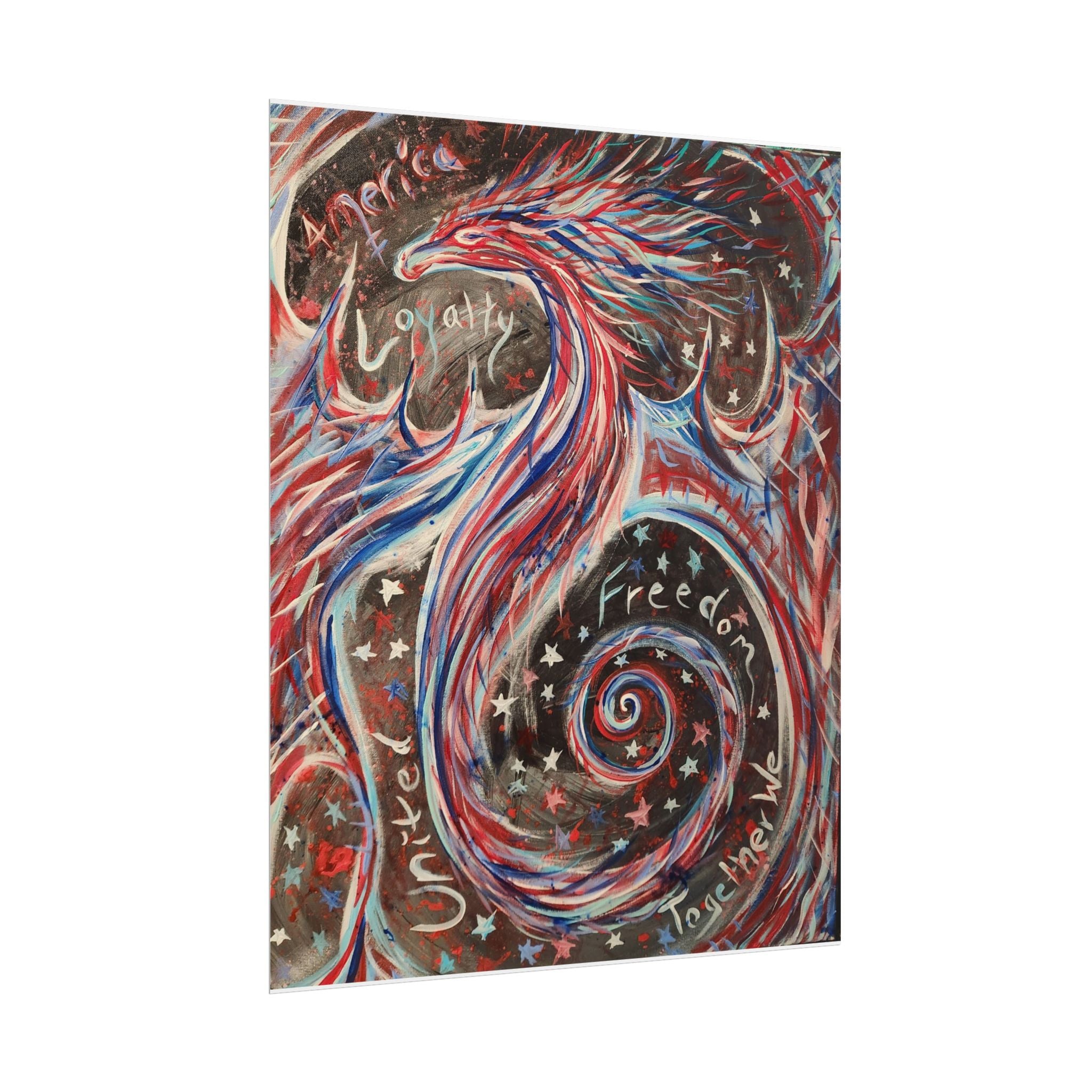 Rolled Poster — Patriotic Swirl Art Print: "Freedom, Unity, Loyalty" Red White Blue Decor