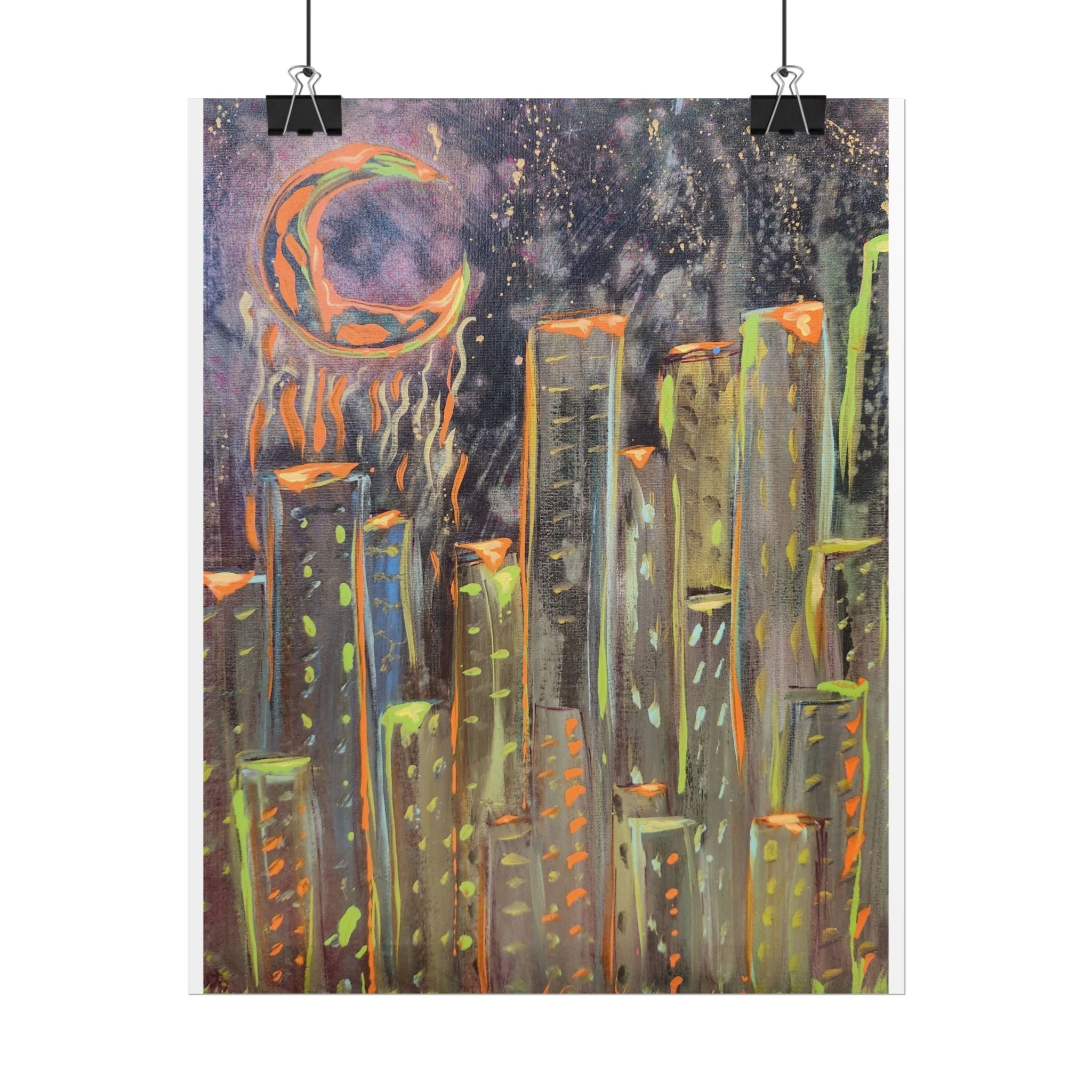 City Skyline Moon Poster — Neon Nightscape Rolled Art Print