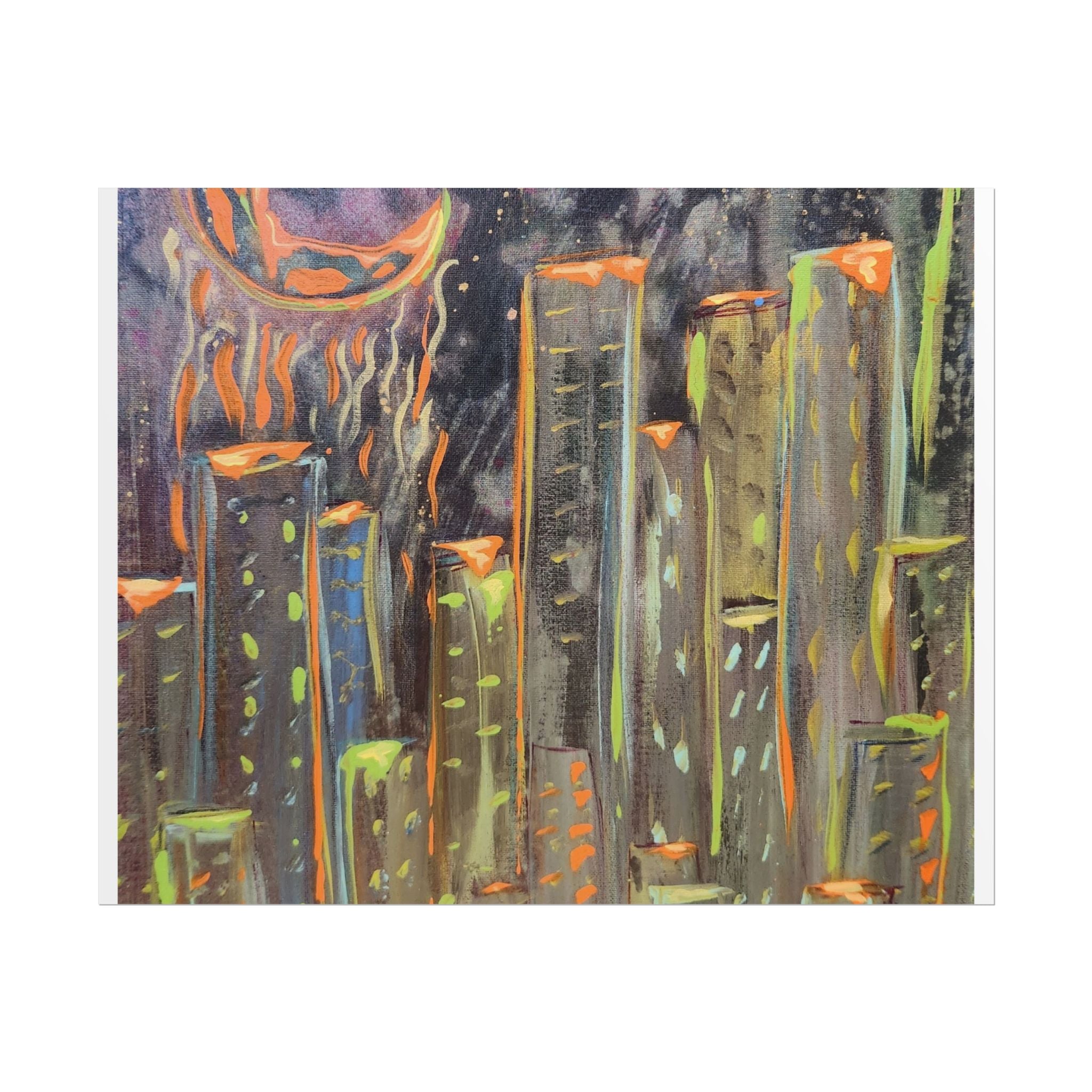City Skyline Moon Poster — Neon Nightscape Rolled Art Print