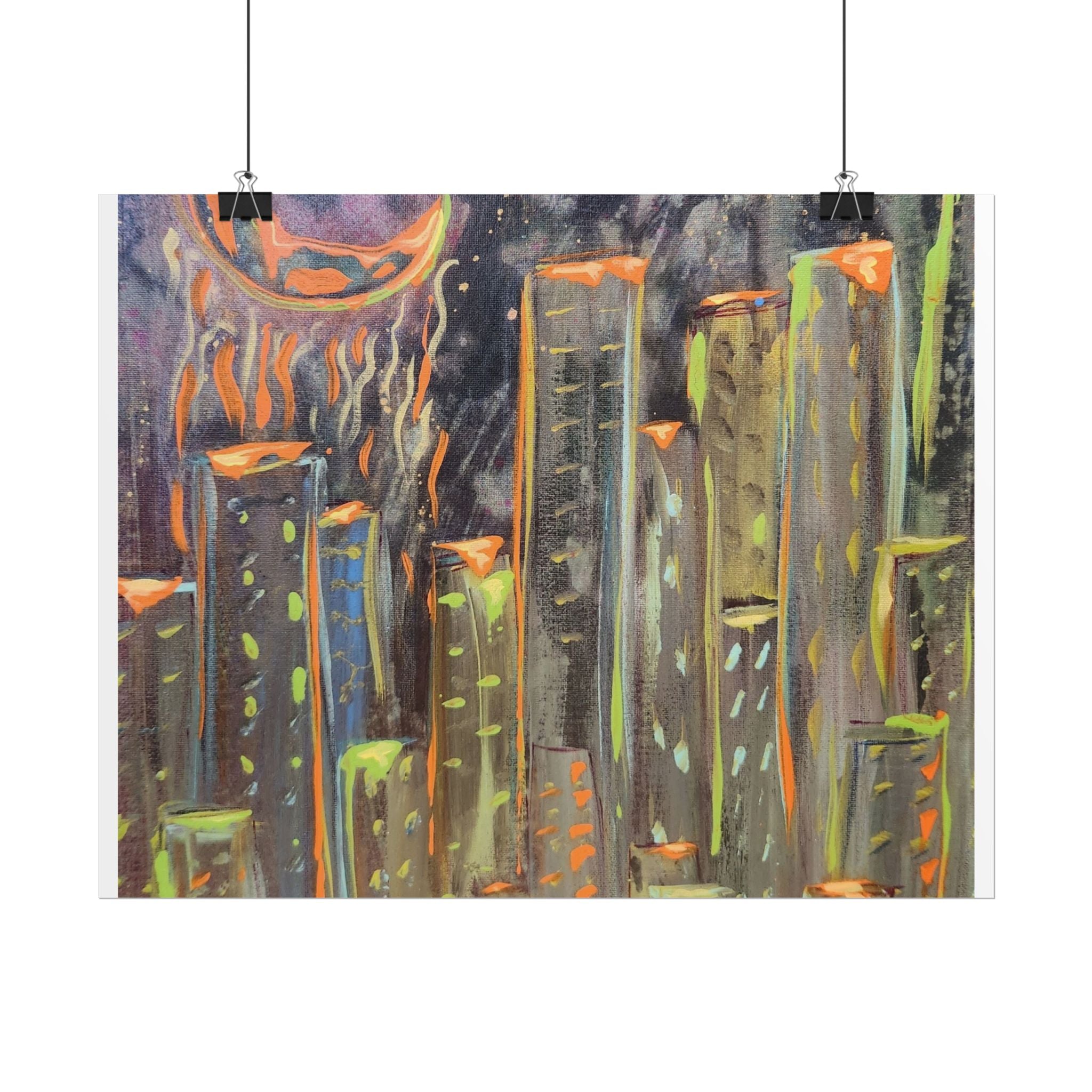 City Skyline Moon Poster — Neon Nightscape Rolled Art Print