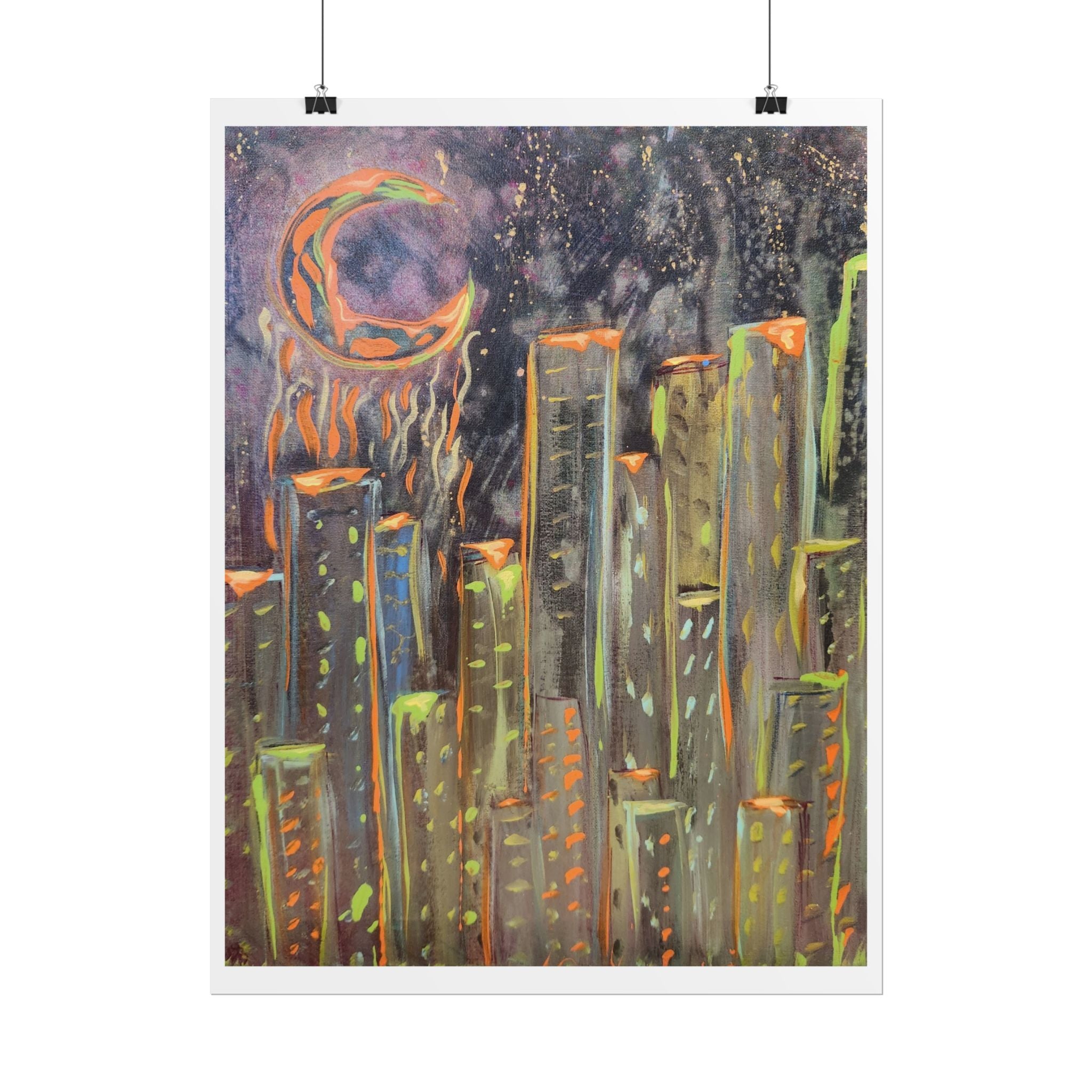 City Skyline Moon Poster — Neon Nightscape Rolled Art Print