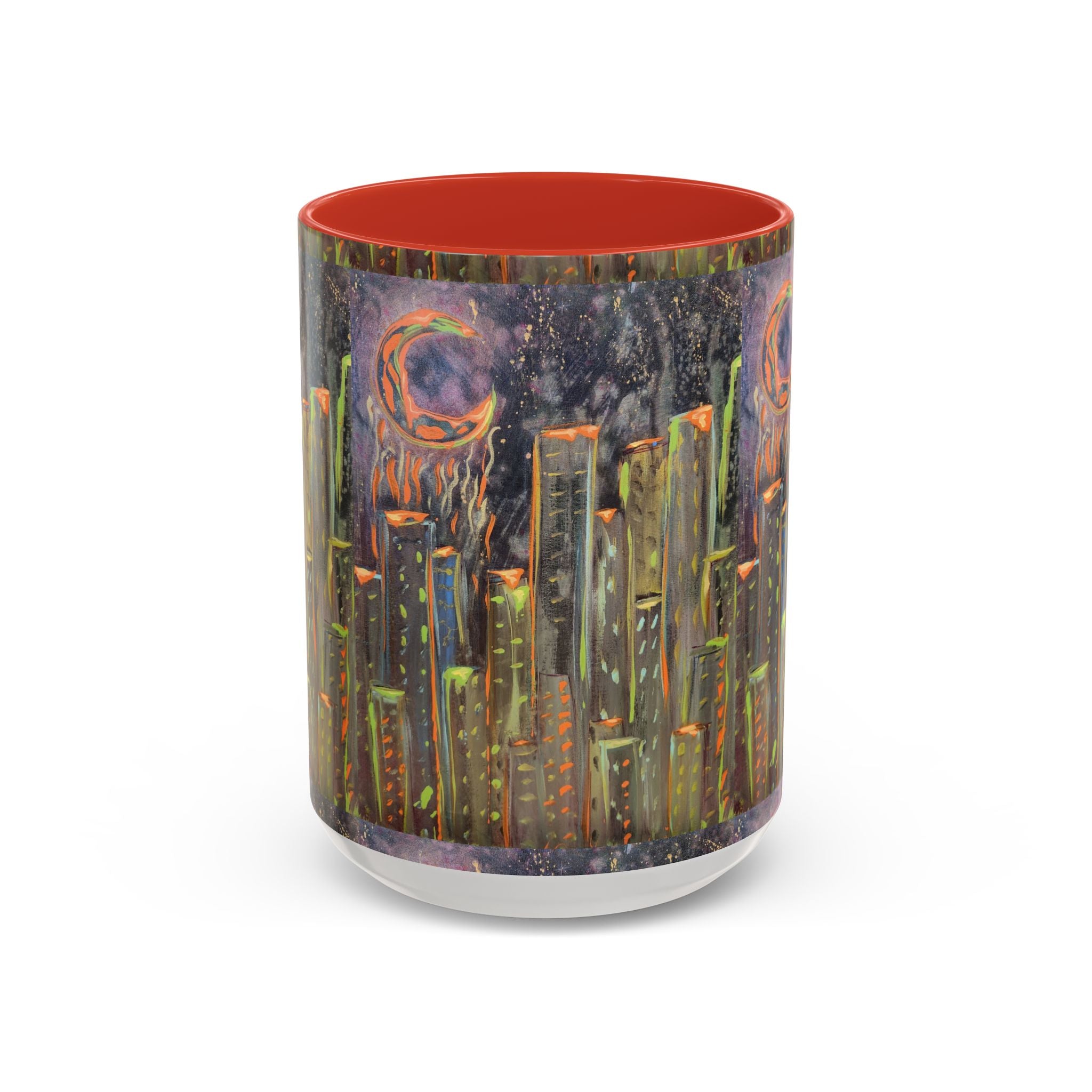 Cityscape Night Coffee Mug — Neon Skyline Art Accent Mug