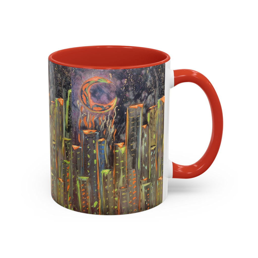 Cityscape Night Coffee Mug — Neon Skyline Art Accent Mug