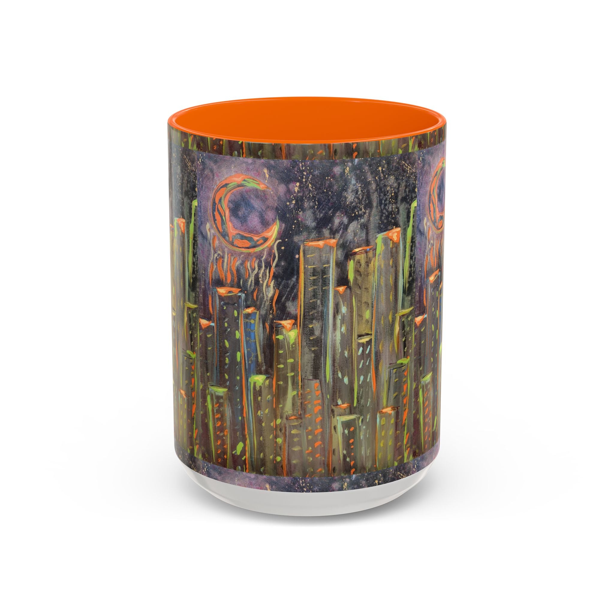 Cityscape Night Coffee Mug — Neon Skyline Art Accent Mug