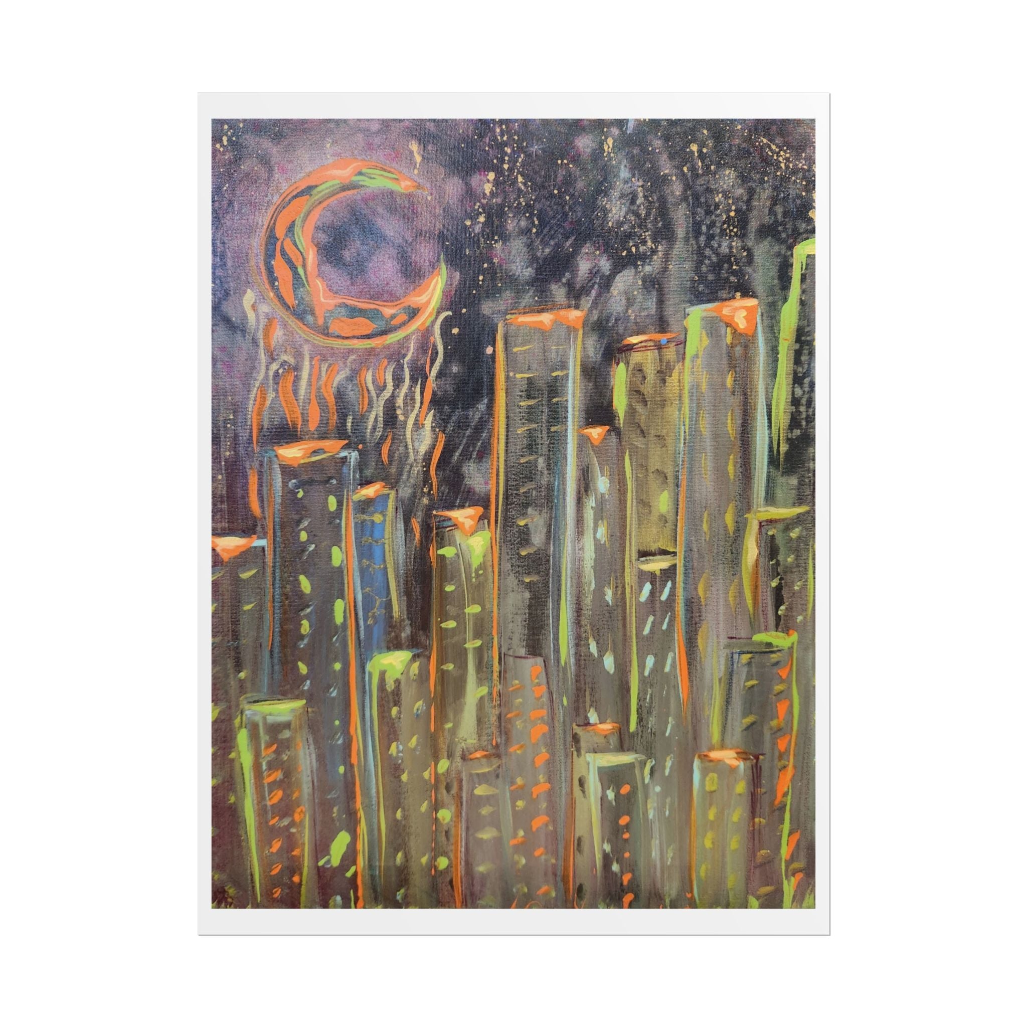City Skyline Moon Poster — Neon Nightscape Rolled Art Print