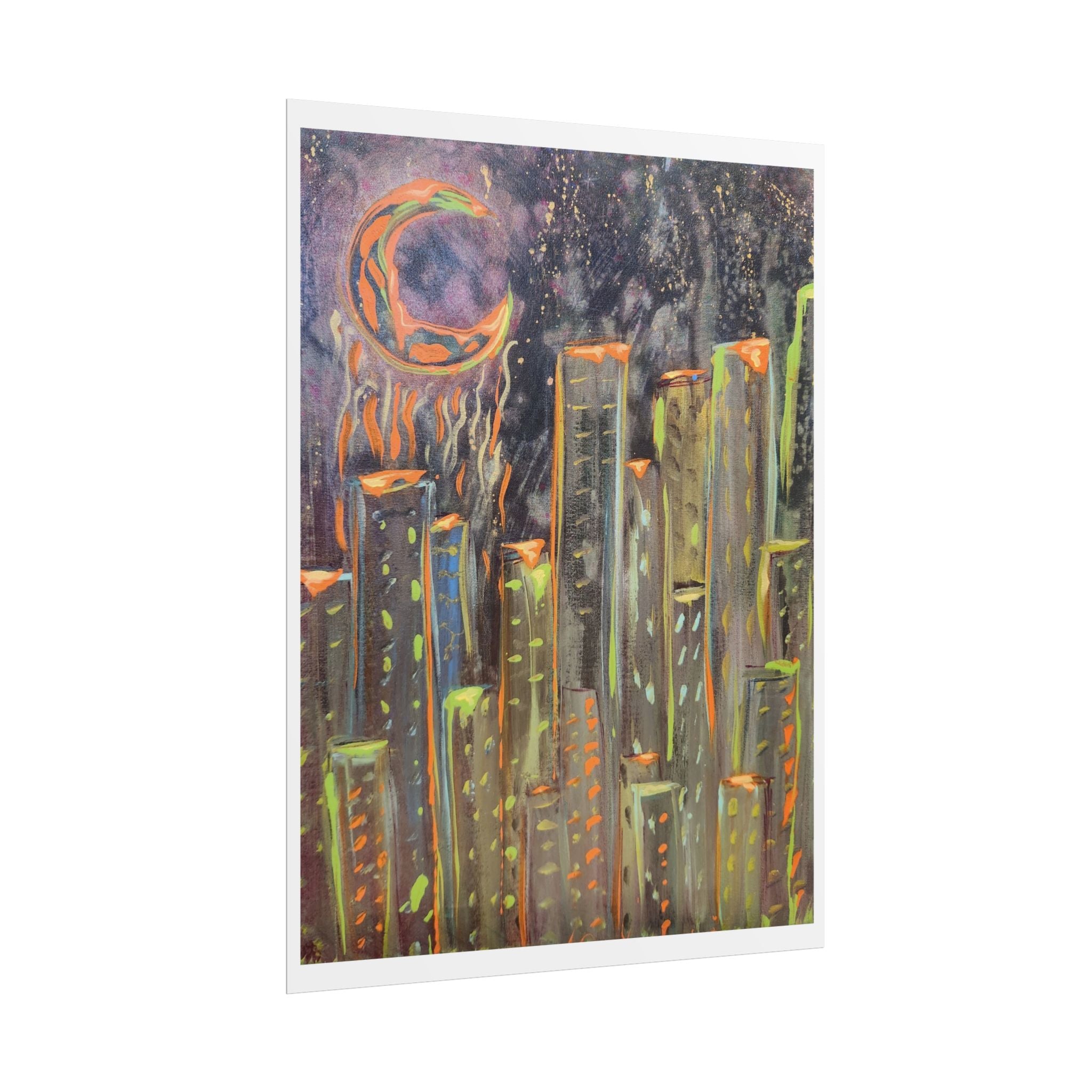 City Skyline Moon Poster — Neon Nightscape Rolled Art Print