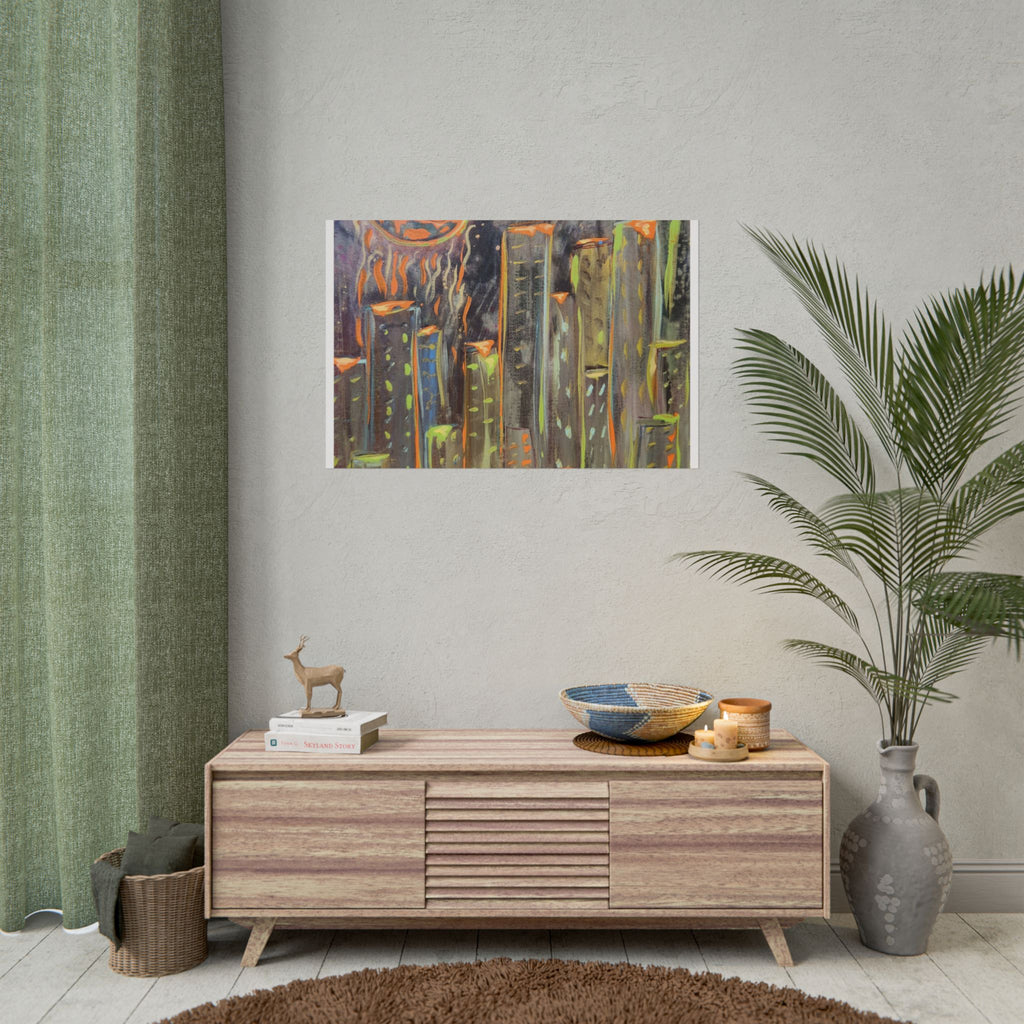 City Skyline Moon Poster — Neon Nightscape Rolled Art Print