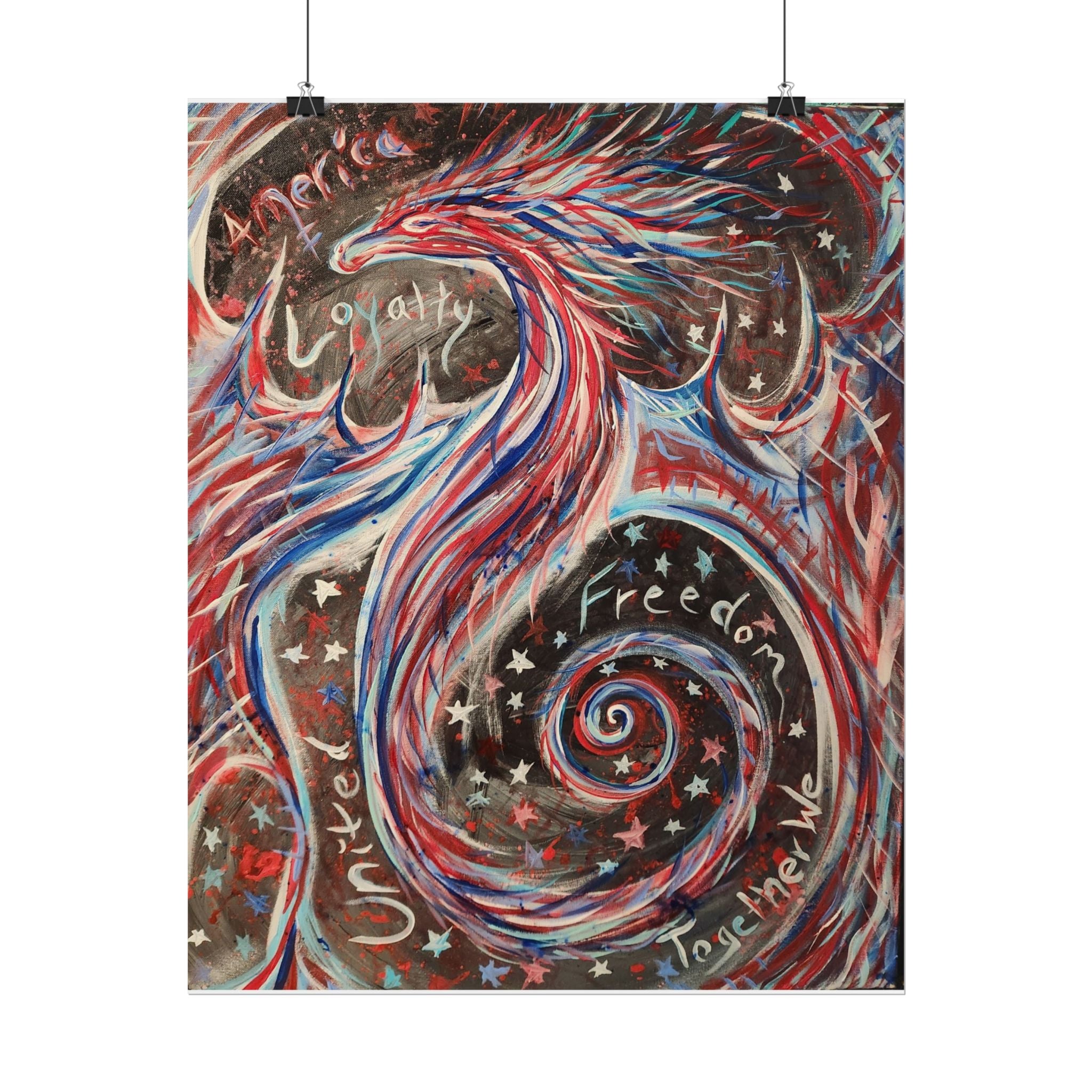Rolled Poster — Patriotic Swirl Art Print: "Freedom, Unity, Loyalty" Red White Blue Decor