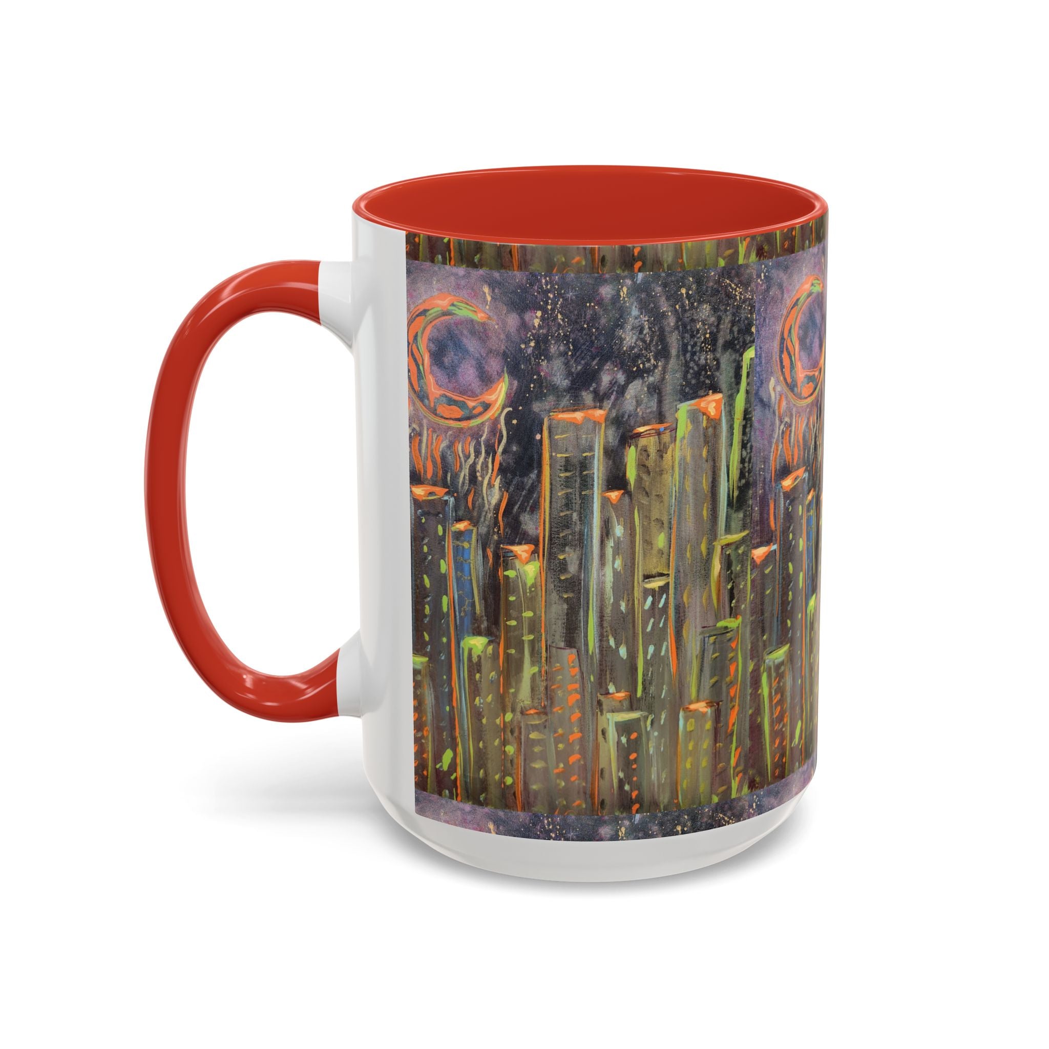 Cityscape Night Coffee Mug — Neon Skyline Art Accent Mug