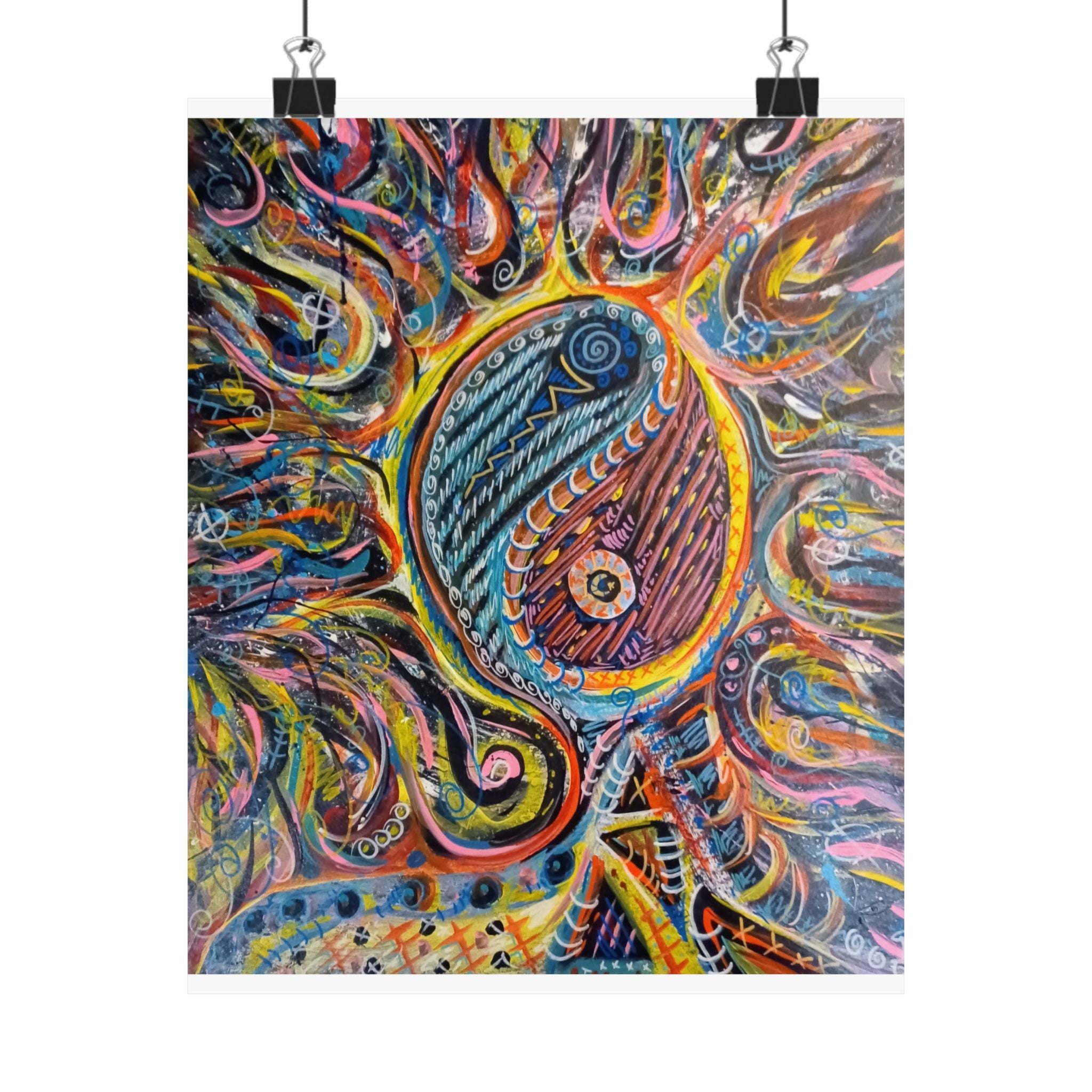 Yin Yang Sun Psychedelic Matte Poster — Vibrant Abstract Boho Wall Art