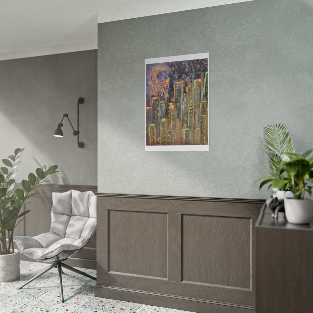 City Skyline Moon Poster — Neon Nightscape Rolled Art Print